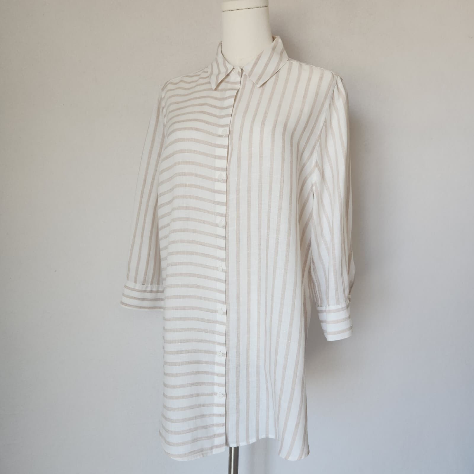 Chico's No Iron Linen Stripe Tunic Shirt Button-Up 3/4 Sleeve White Beige Sz.2-L - Thumbnail 2
