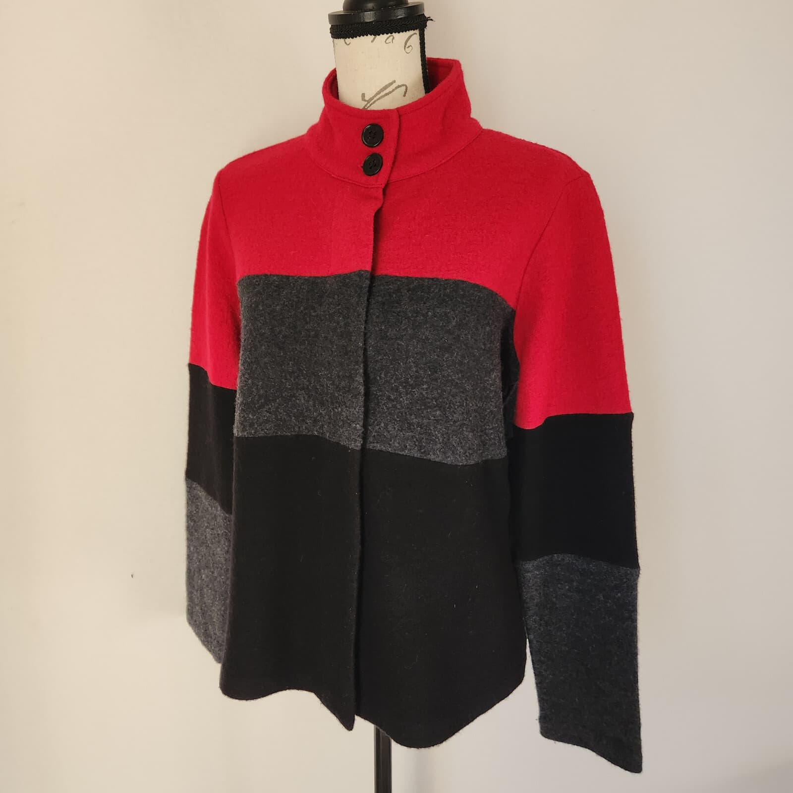 Karl Lagerfeld Jacket Snap Color Block Boiled Wool Blend Black Red Women's M - Thumbnail 3