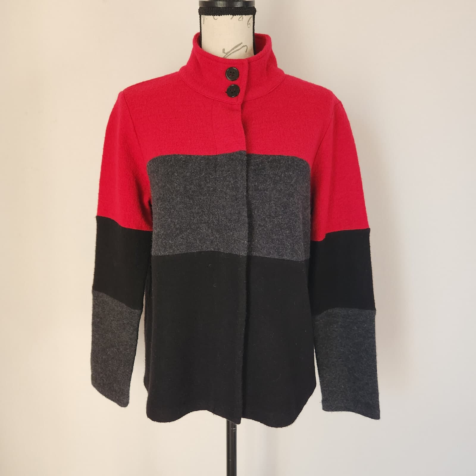 Karl Lagerfeld Jacket Snap Color Block Boiled Wool Blend Black Red Women's M - Thumbnail 2