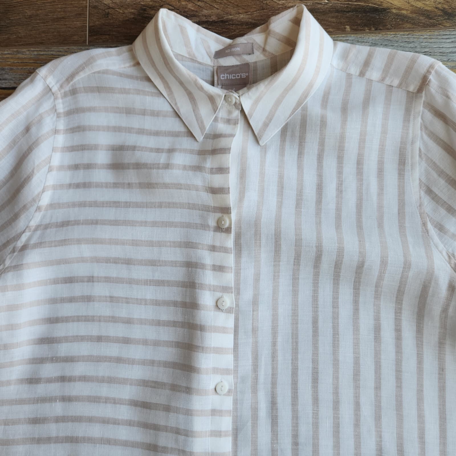 Chico's No Iron Linen Stripe Tunic Shirt Button-Up 3/4 Sleeve White Beige Sz.2-L - Thumbnail 7