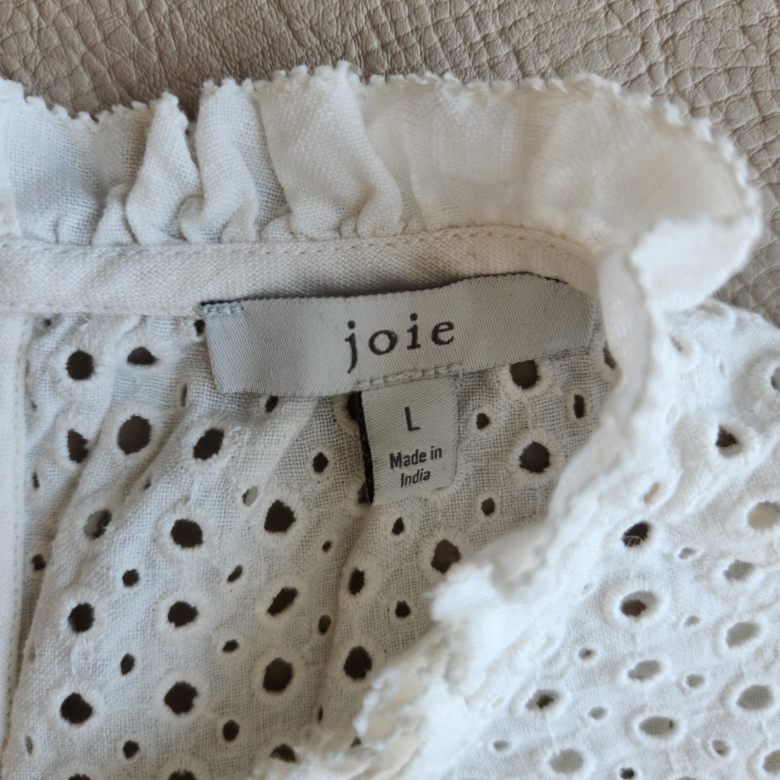 Joie $298 Kamlei Eyelet Yoke Linen Blouse Short Sleeve High Neck Porcelain Sz.L - Thumbnail 11