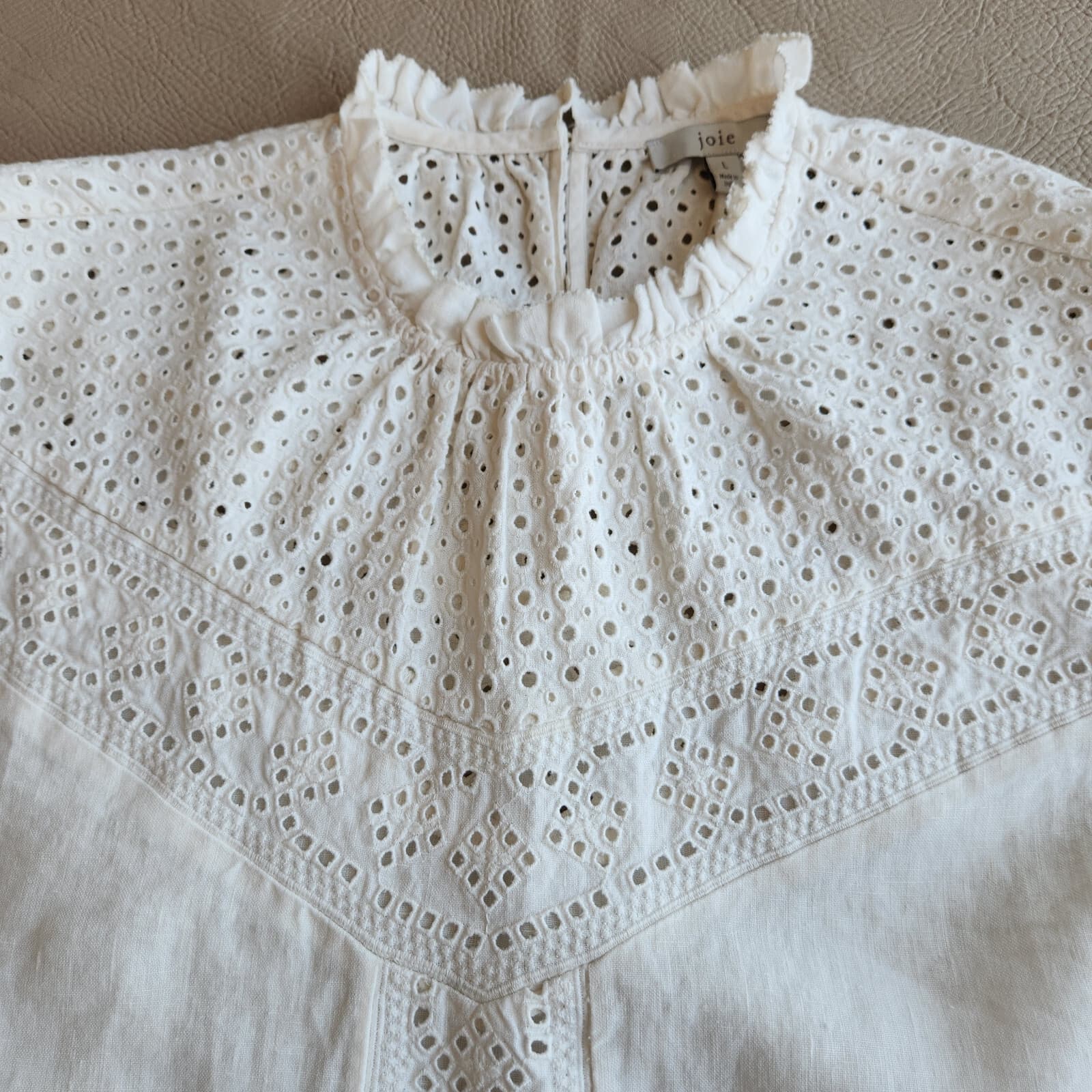 Joie $298 Kamlei Eyelet Yoke Linen Blouse Short Sleeve High Neck Porcelain Sz.L - Thumbnail 10