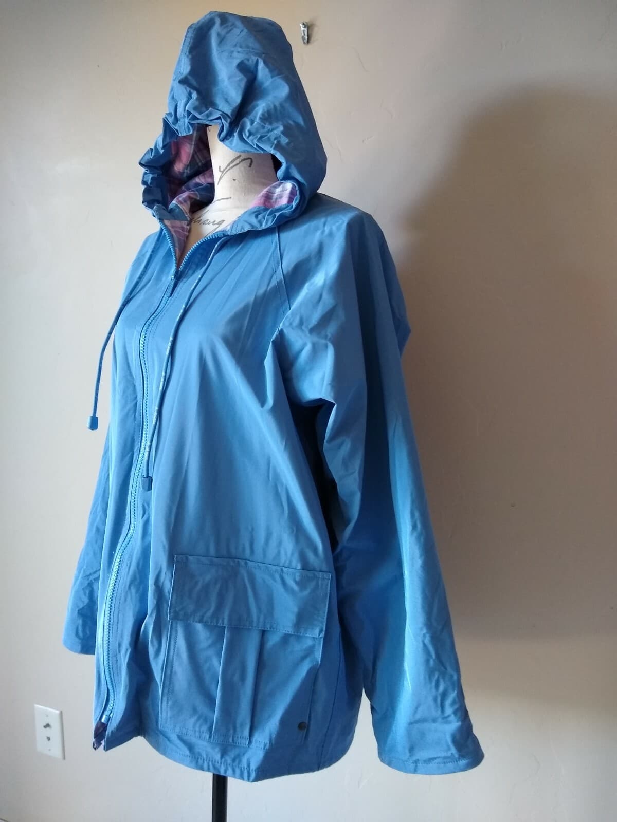 JG HOOK PVC Rain Coat Jacket Hood Cotton-Lined Zip Pockets Blue Sz.S - Thumbnail 3