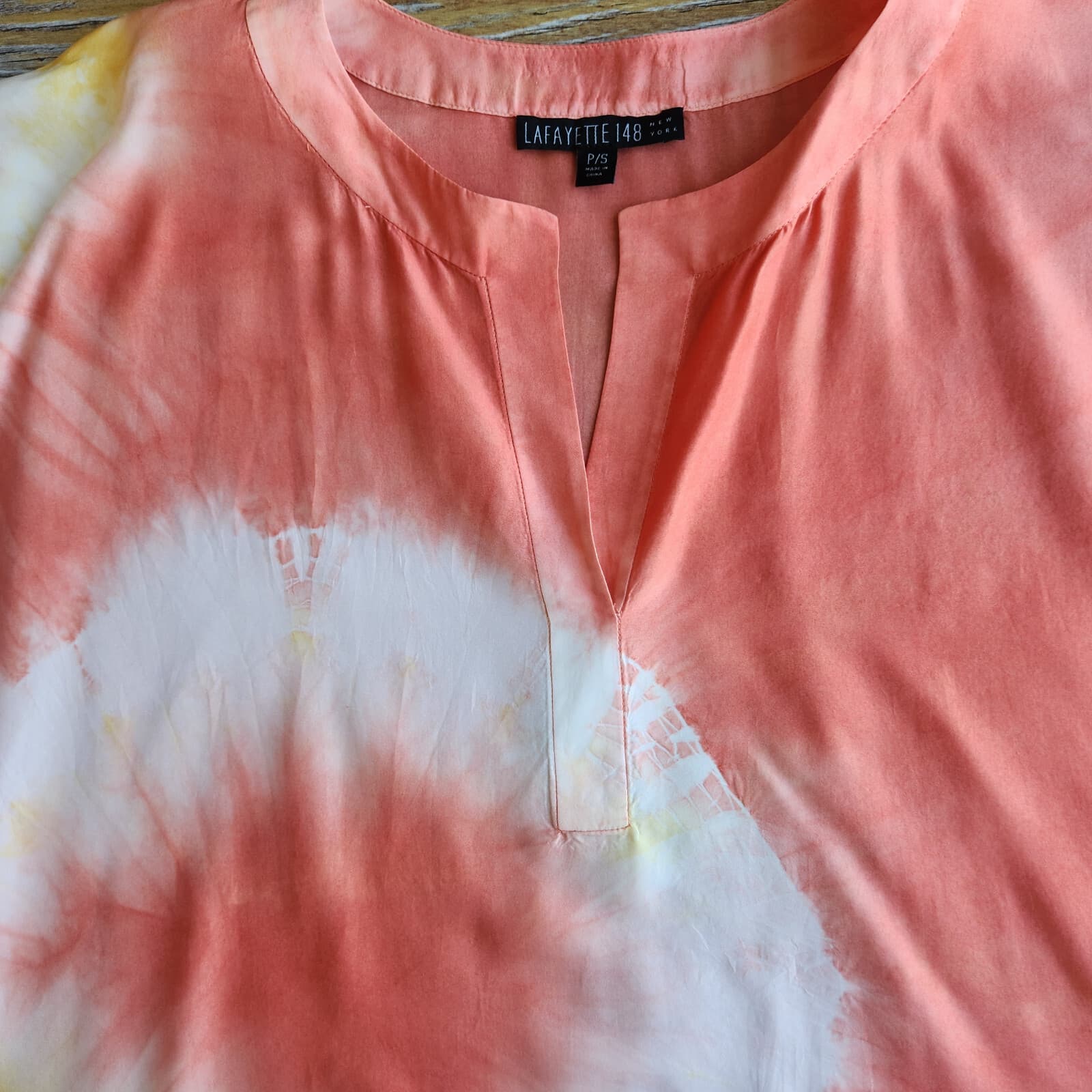 Lafayette 148 New York Silk Satin Tie-Dye Oversize Tunic Top 3/4 Sleeve Coral S - Thumbnail 8