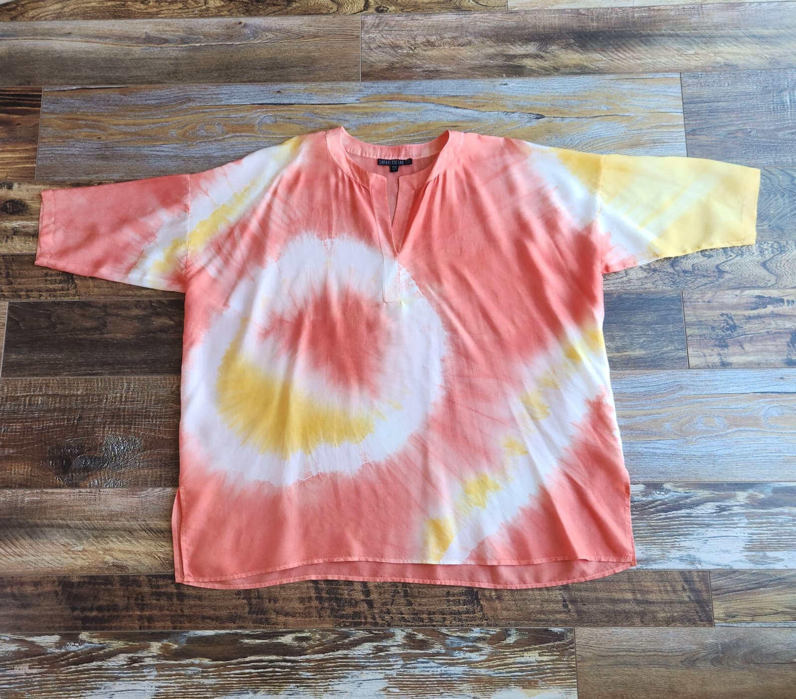 Lafayette 148 New York Silk Satin Tie-Dye Oversize Tunic Top 3/4 Sleeve Coral S - Thumbnail 4