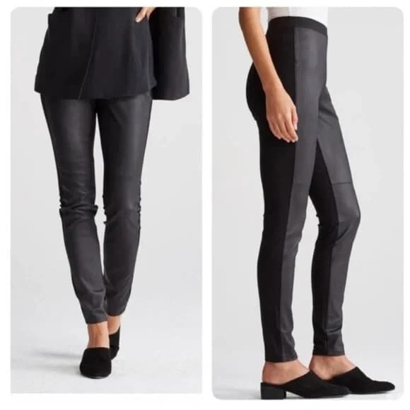 EILEEN FISHER 100% Leather Panel Legging Pants Pull-On Viscose Ponte Black Sz.M - Thumbnail 6