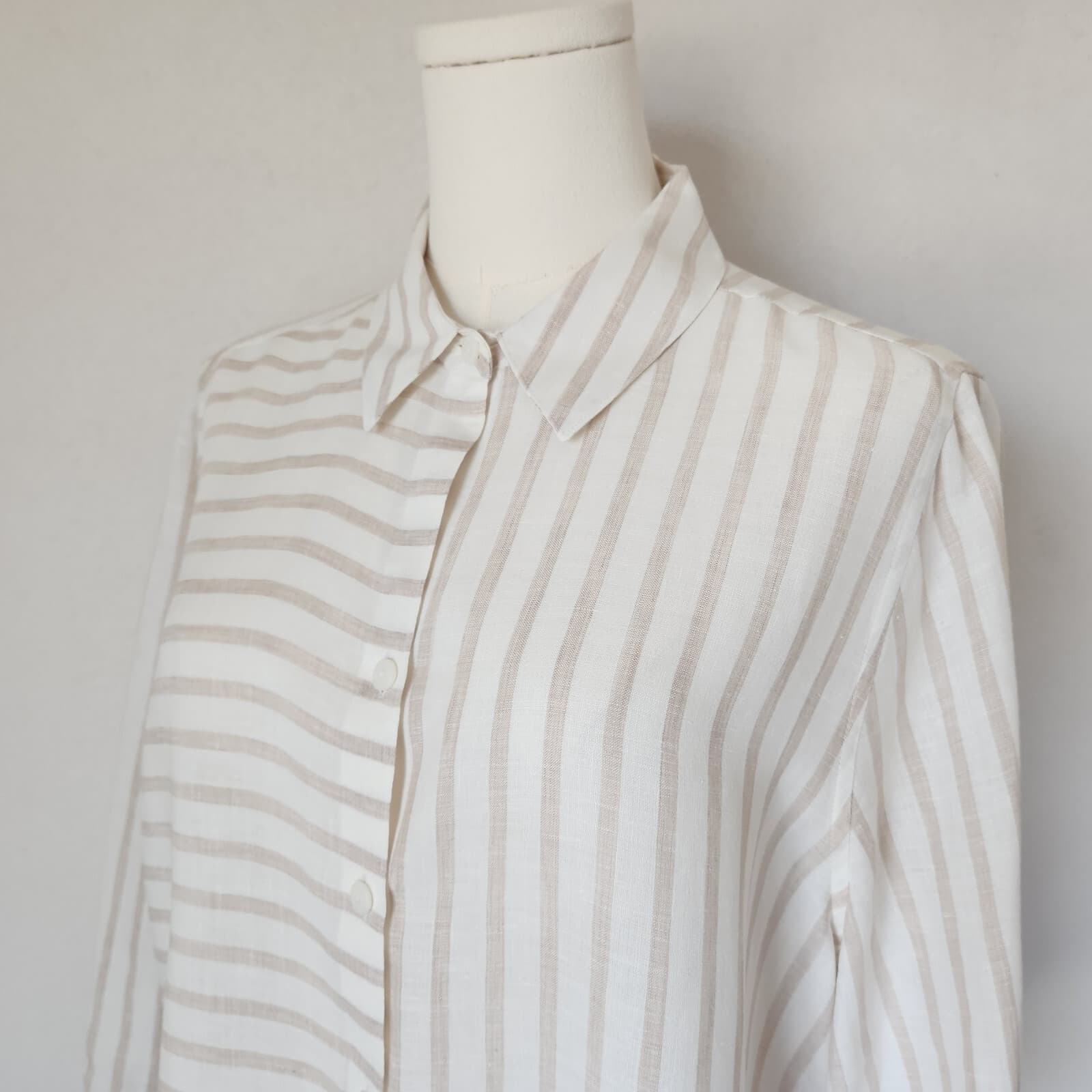 Chico's No Iron Linen Stripe Tunic Shirt Button-Up 3/4 Sleeve White Beige Sz.2-L - Thumbnail 4