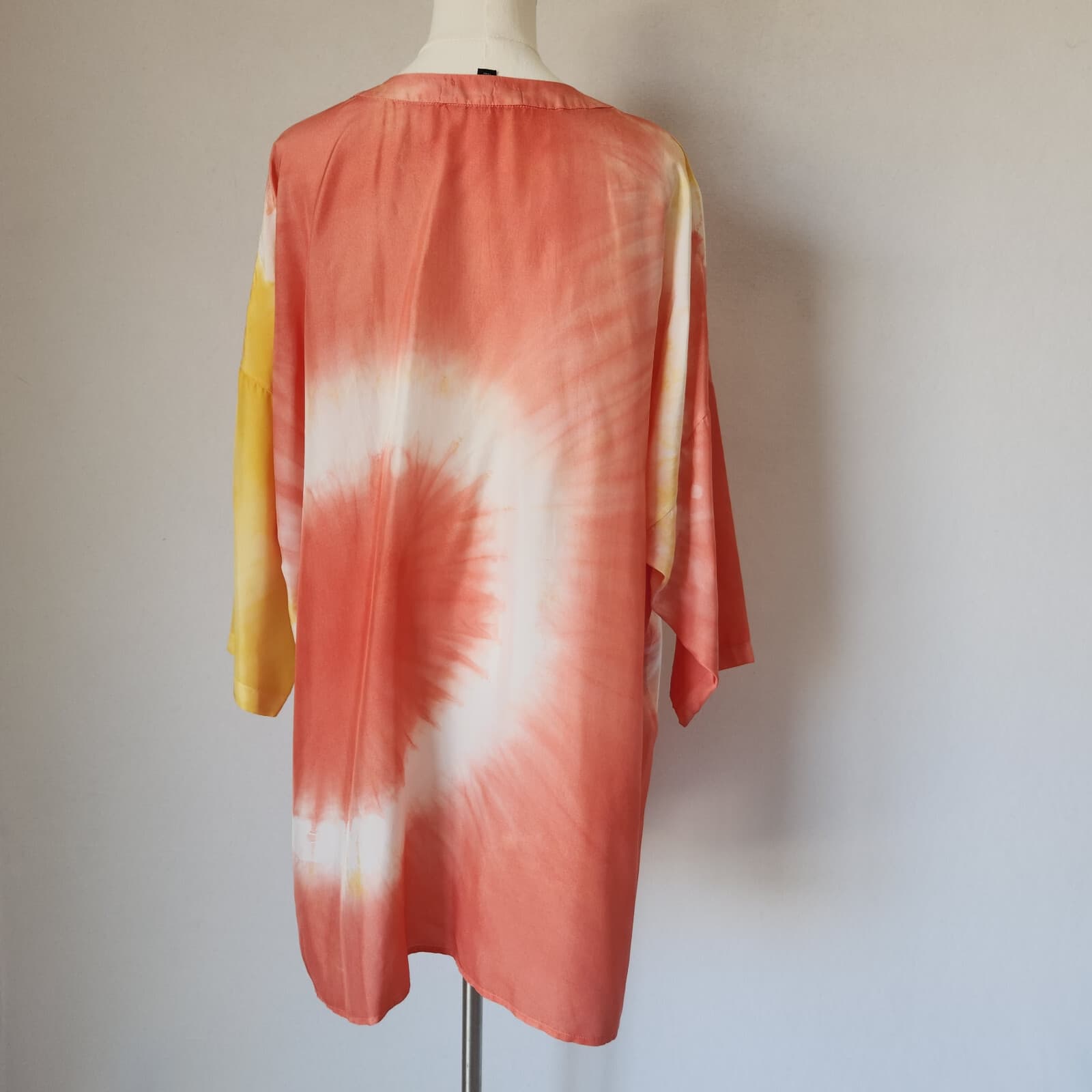 Lafayette 148 New York Silk Satin Tie-Dye Oversize Tunic Top 3/4 Sleeve Coral S - Thumbnail 6