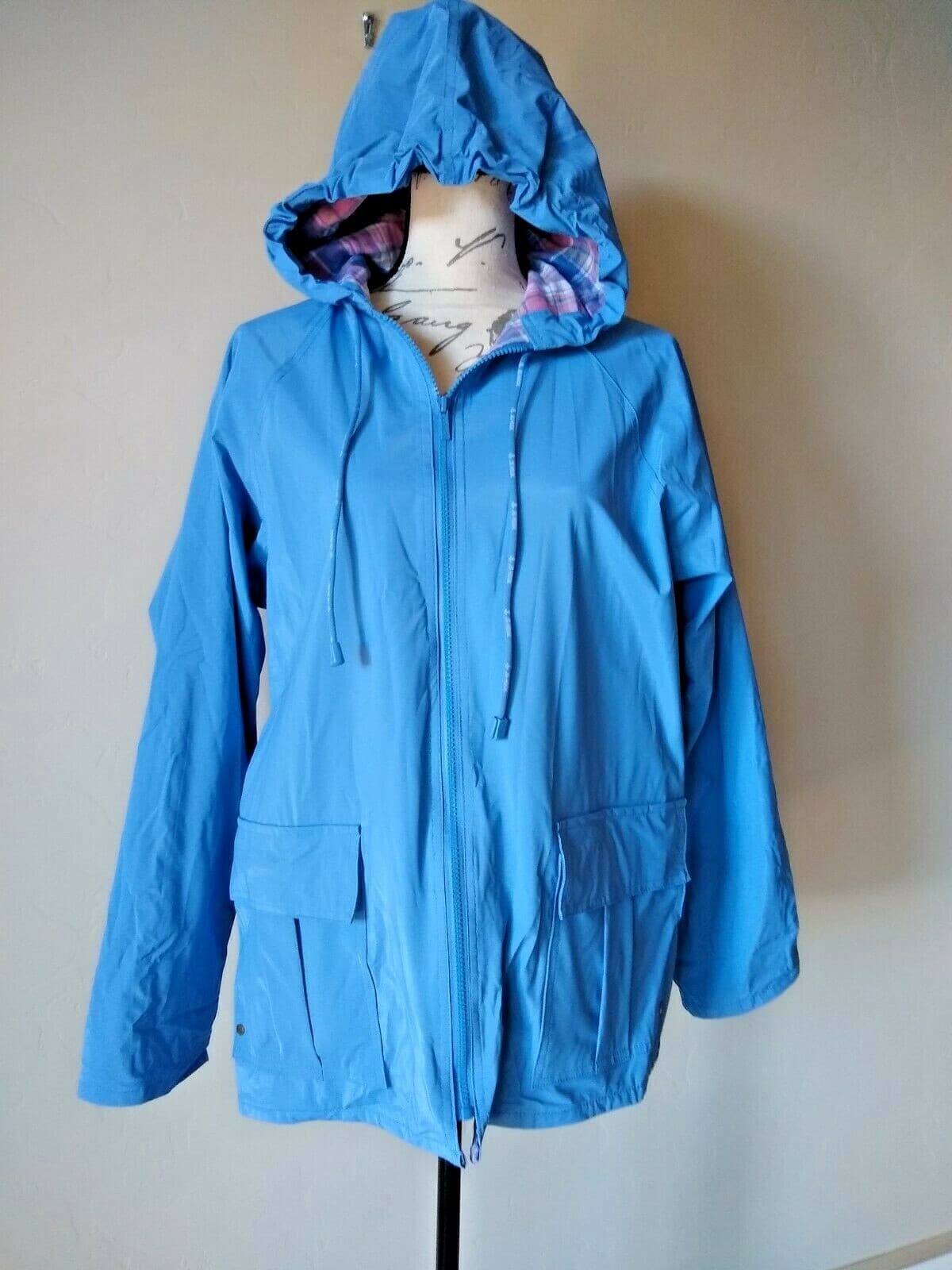 JG HOOK PVC Rain Coat Jacket Hood Cotton-Lined Zip Pockets Blue Sz.S - Thumbnail 2