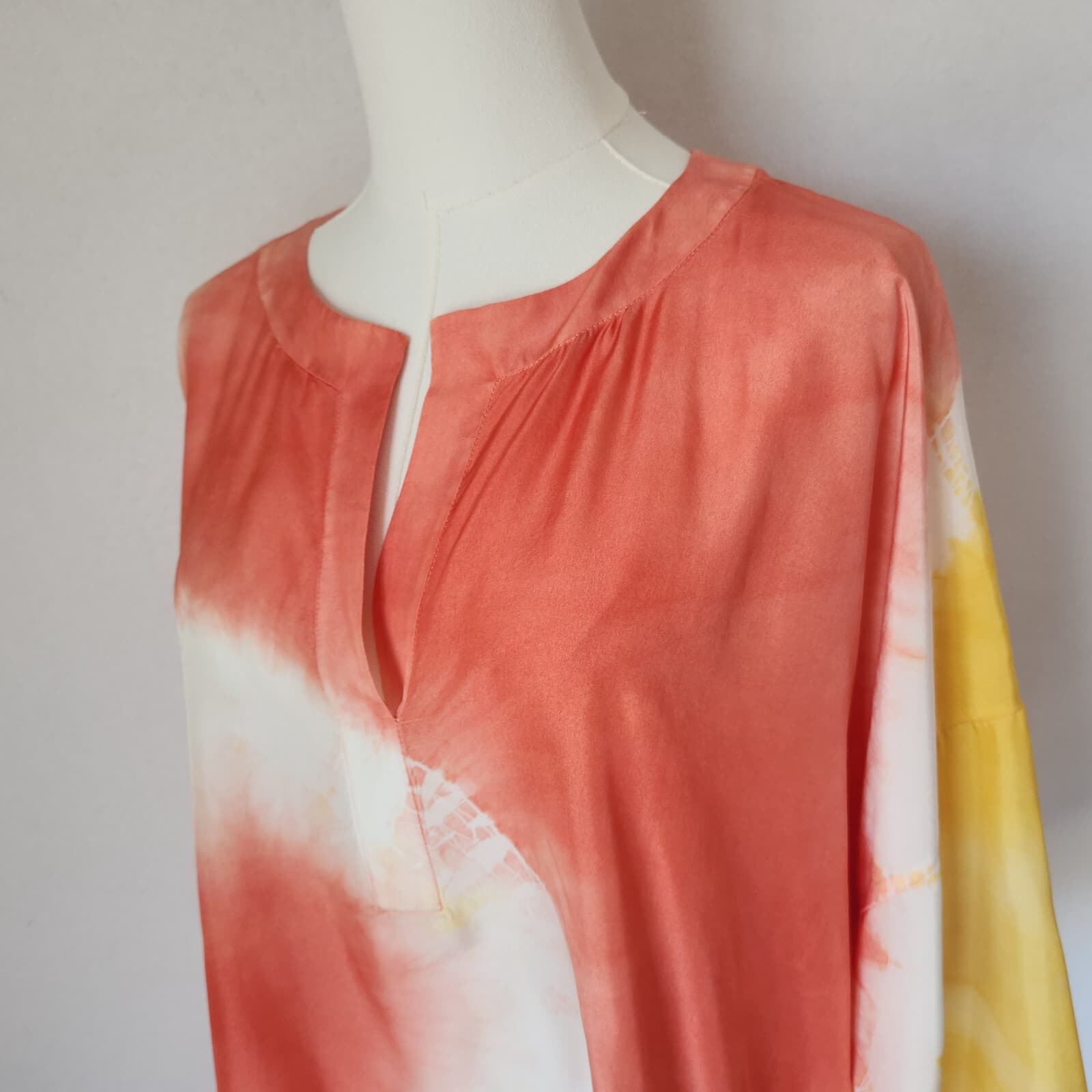 Lafayette 148 New York Silk Satin Tie-Dye Oversize Tunic Top 3/4 Sleeve Coral S - Thumbnail 5