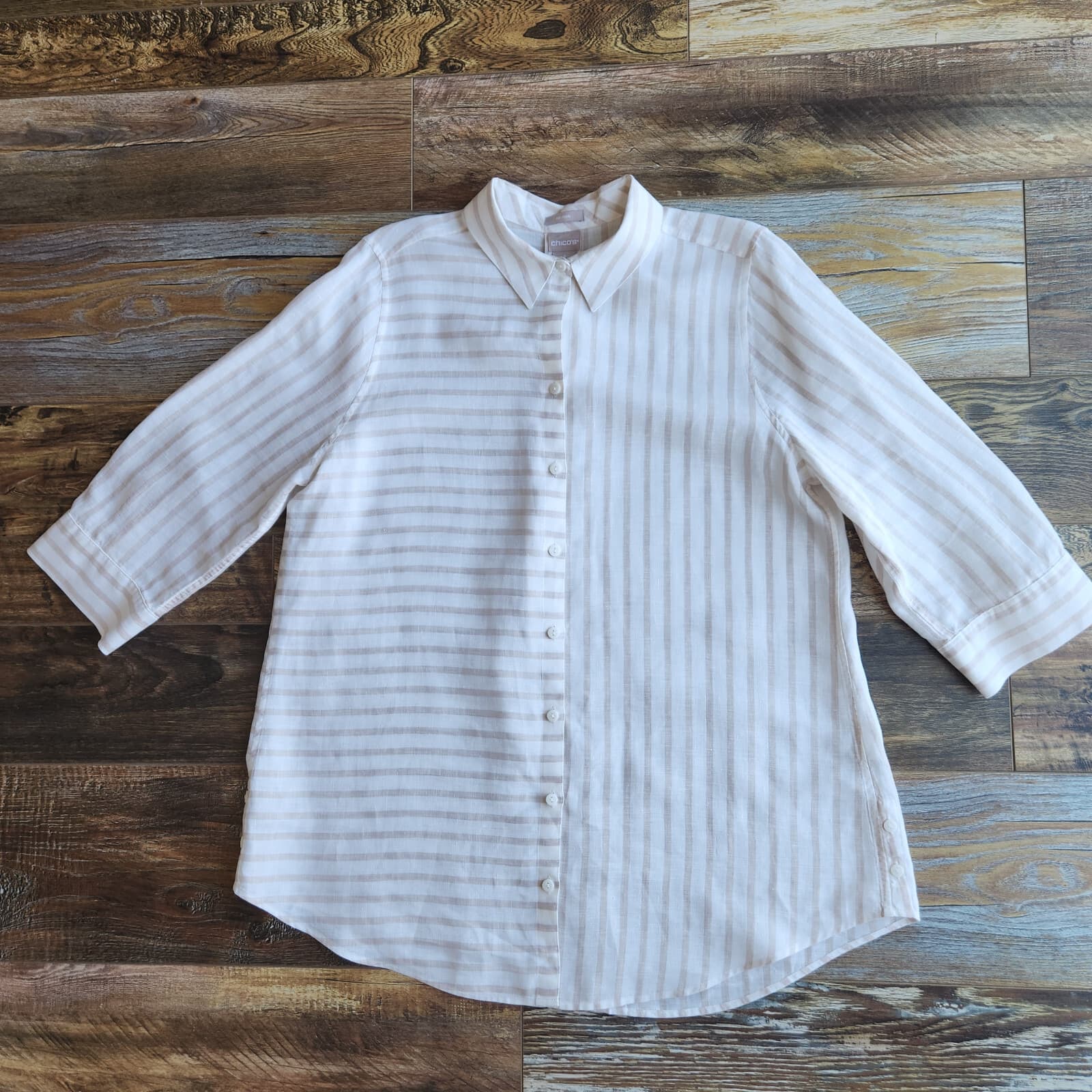 Chico's No Iron Linen Stripe Tunic Shirt Button-Up 3/4 Sleeve White Beige Sz.2-L - Thumbnail 3