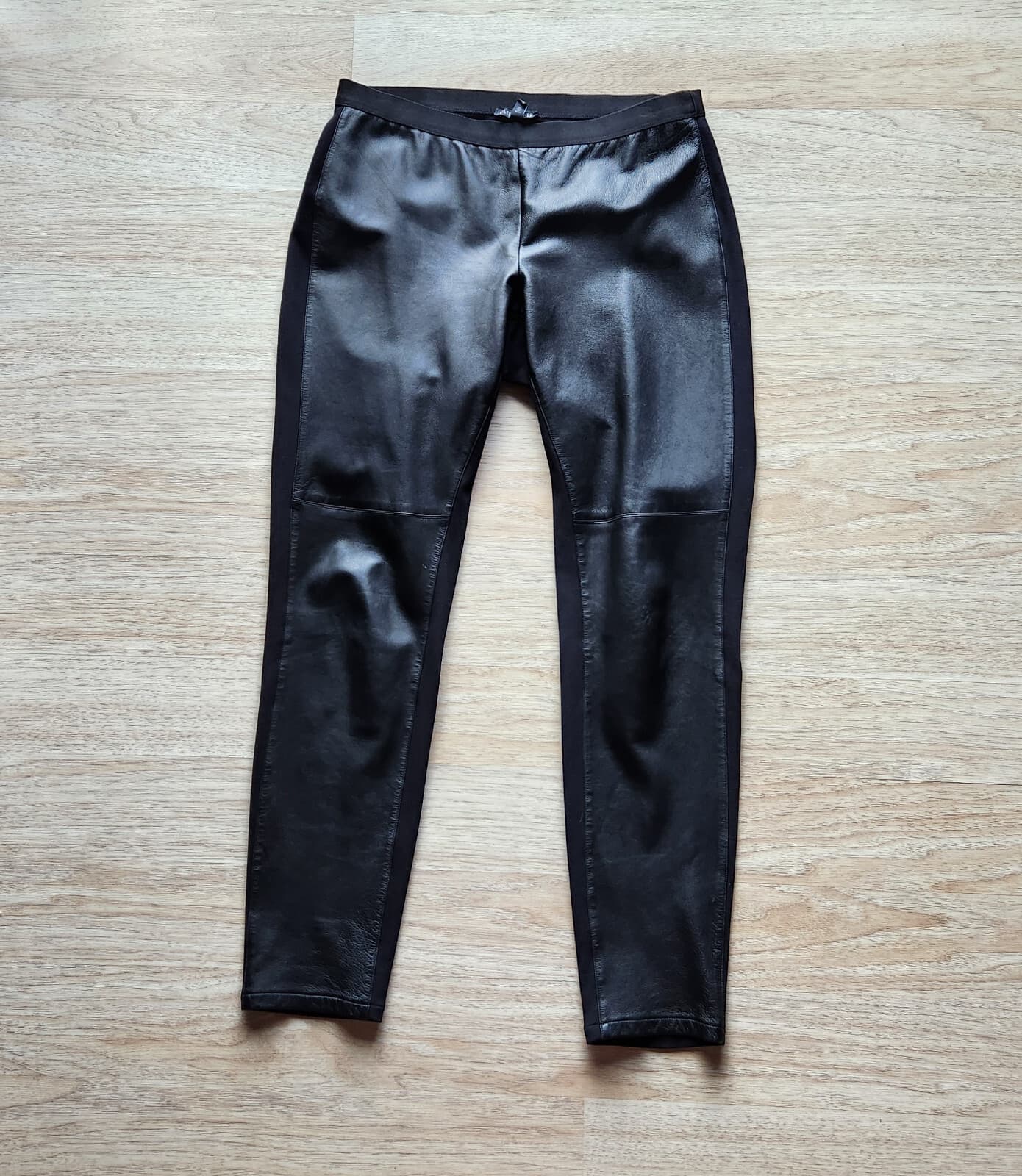 EILEEN FISHER 100% Leather Panel Legging Pants Pull-On Viscose Ponte Black Sz.M