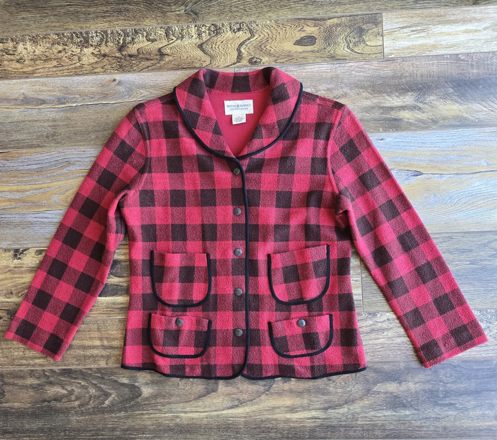 Denim & Supply Ralph Lauren Red Buffalo Plaid Jacket Terry Knit Cotton Women's S - Thumbnail 3