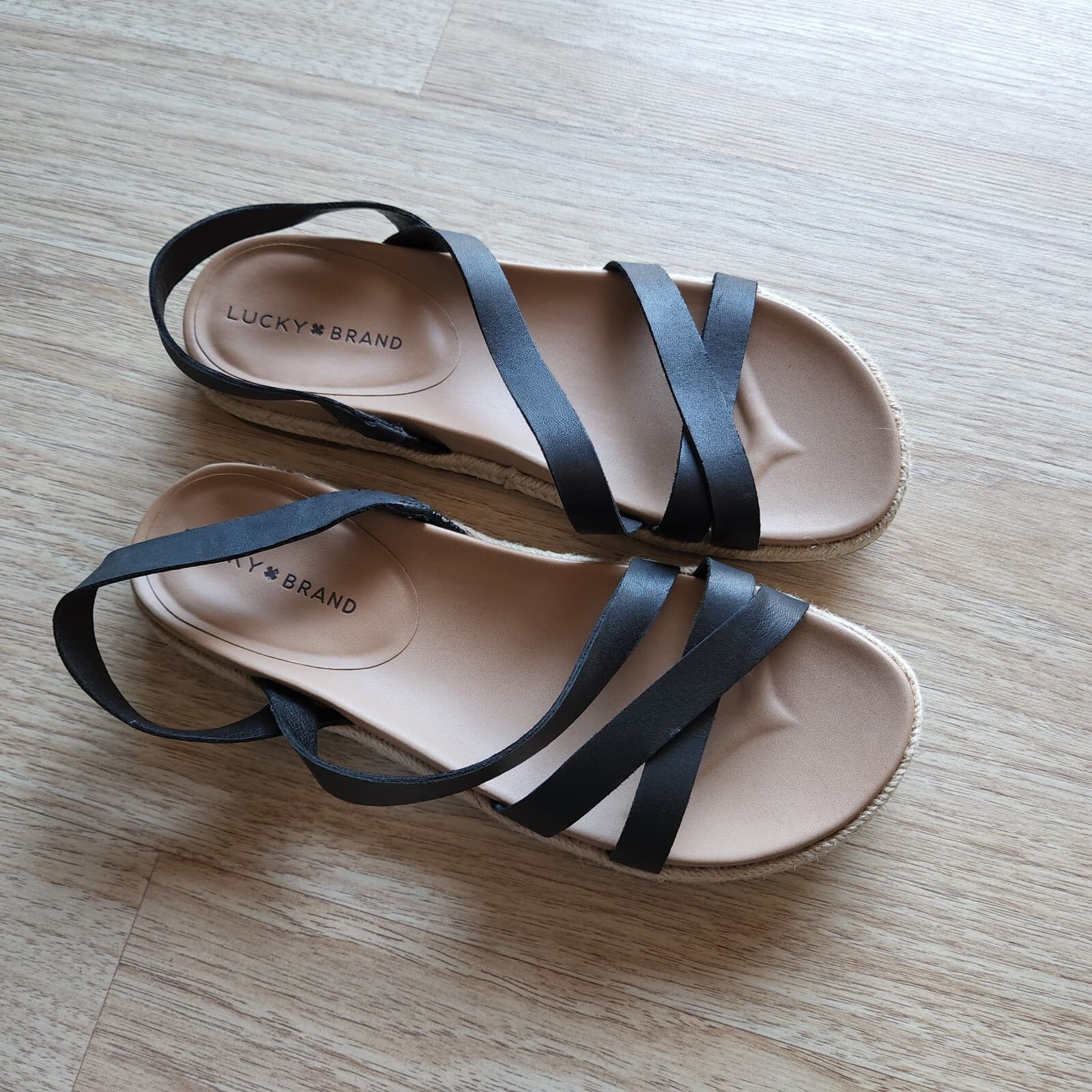 NWoB Lucky Brand Daedil Espadrille Leather Sandals Diagonal Strap Black US8.5M - Thumbnail 2