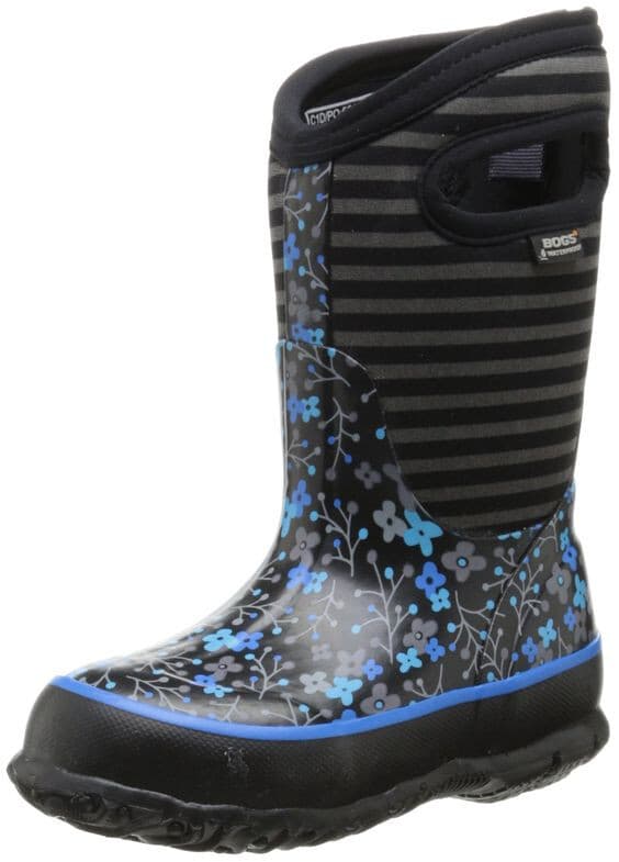 Bogs Classic High Flower Stripe Waterproof Winter Rain Boot Black Blue Youth US4 - Thumbnail 3