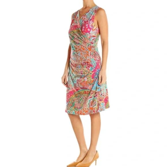 Lauren Ralph Lauren Paisley Ruched Surplice Dress Sleeveless Multicolor Sz.M - Thumbnail 2