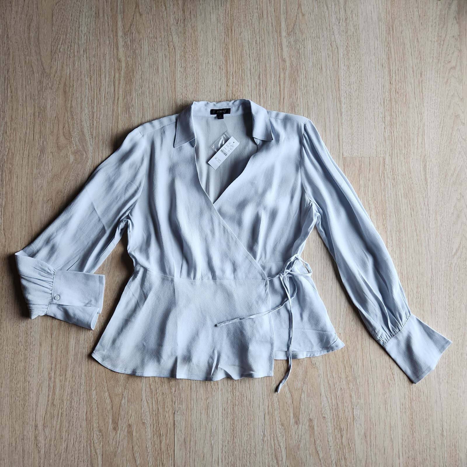 NWT J.Crew Drapey Crepe Wrap Top Long Sleeve Chiffon Viscose Pale Blue Women 12 - Thumbnail 5