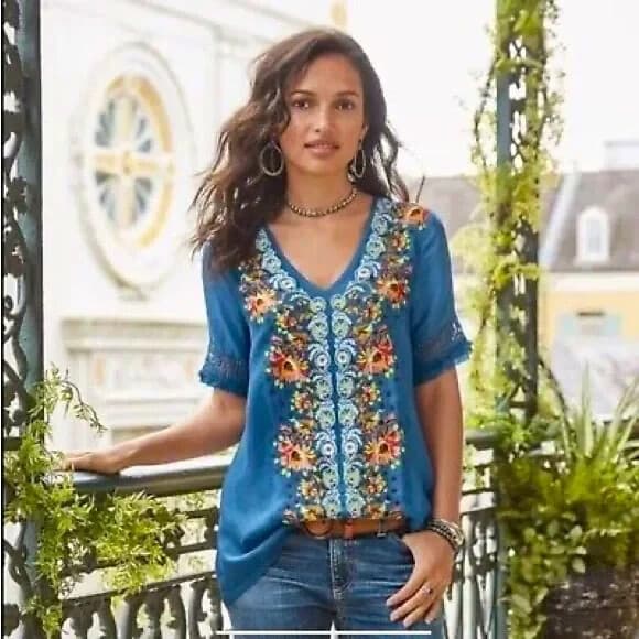 Sundance Rossi Floral Embroidered Top Fringe Hem Short Sleeve Cupro Blue Sz.S - Thumbnail 4