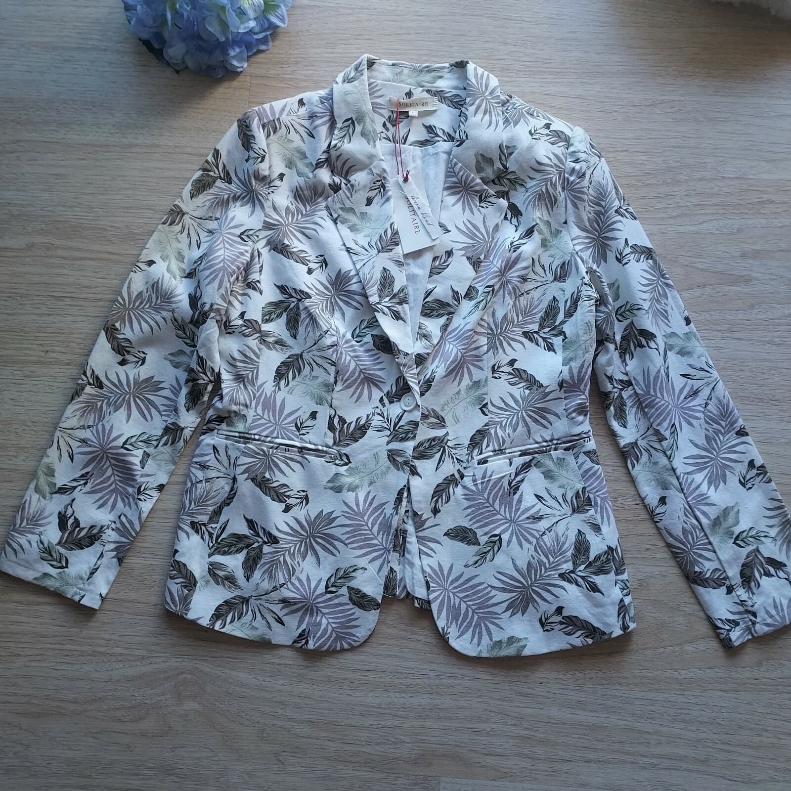 NWT SOLITAIRE Linen Blend Tropical Leaves Blazer One-Button Multicolor Women L - Thumbnail 4