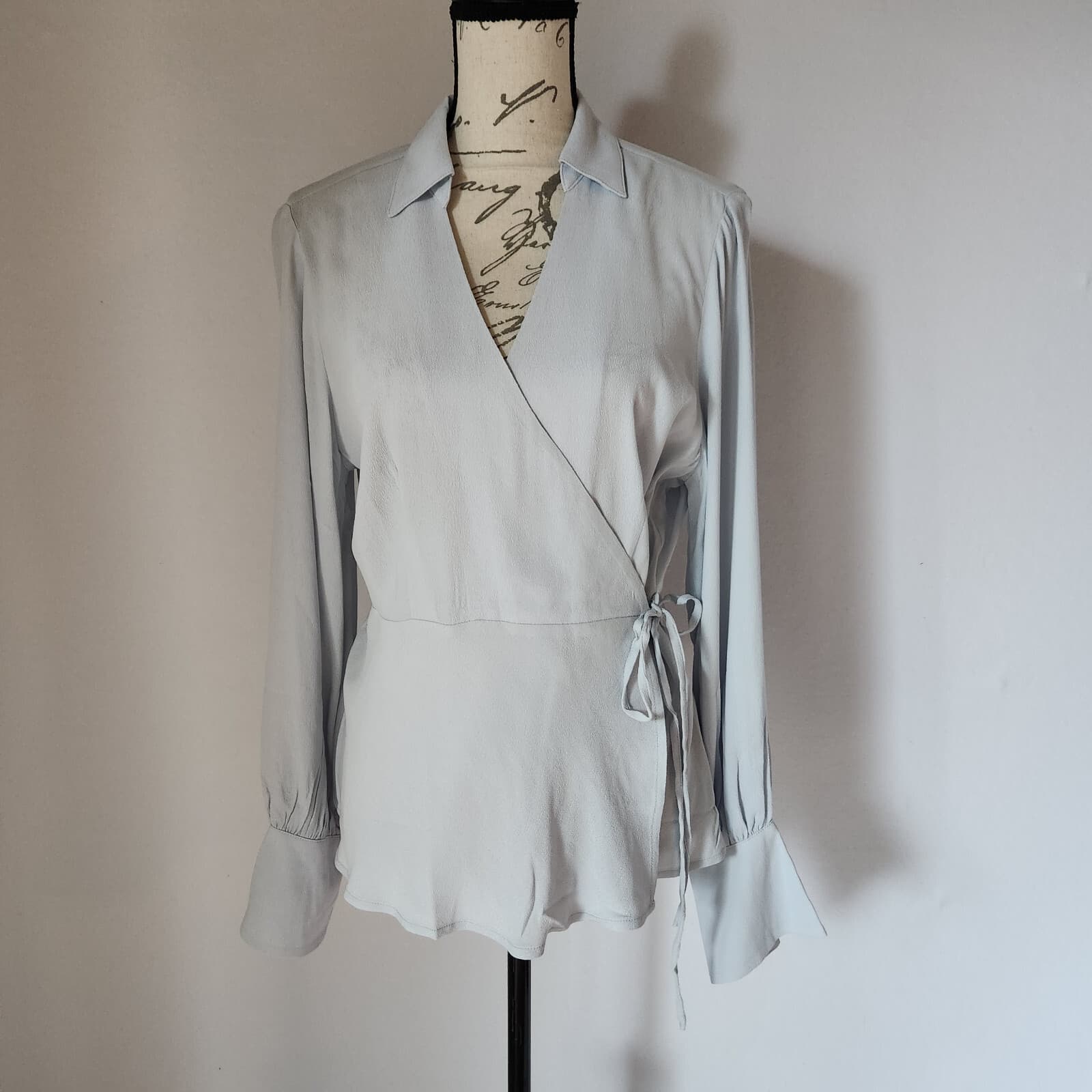 NWT J.Crew Drapey Crepe Wrap Top Long Sleeve Chiffon Viscose Pale Blue Women 12 - Thumbnail 2