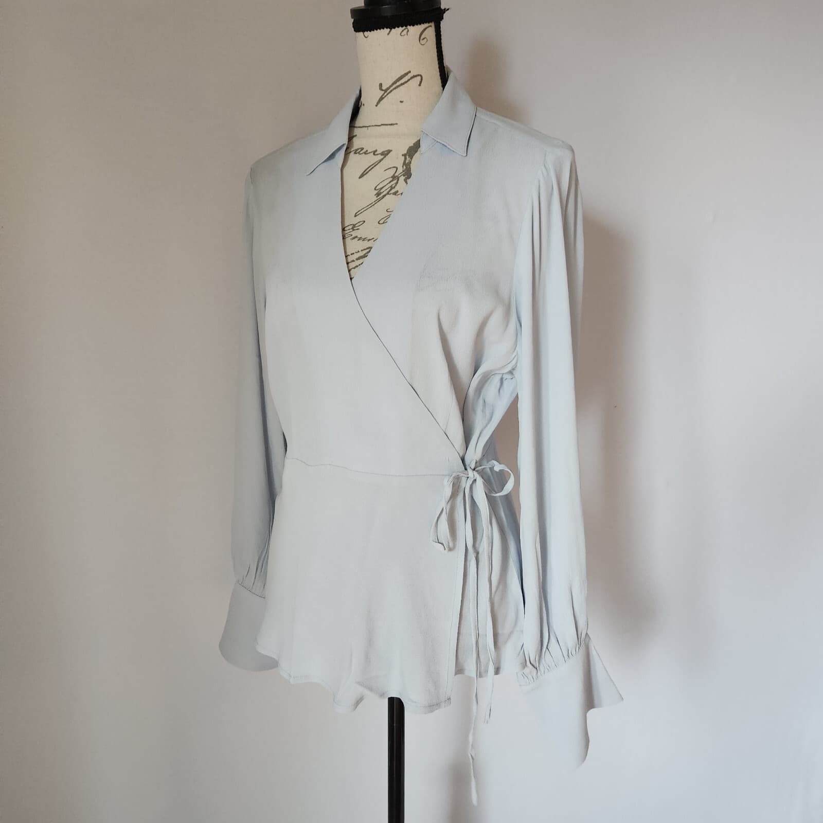 NWT J.Crew Drapey Crepe Wrap Top Long Sleeve Chiffon Viscose Pale Blue Women 12 - Thumbnail 3