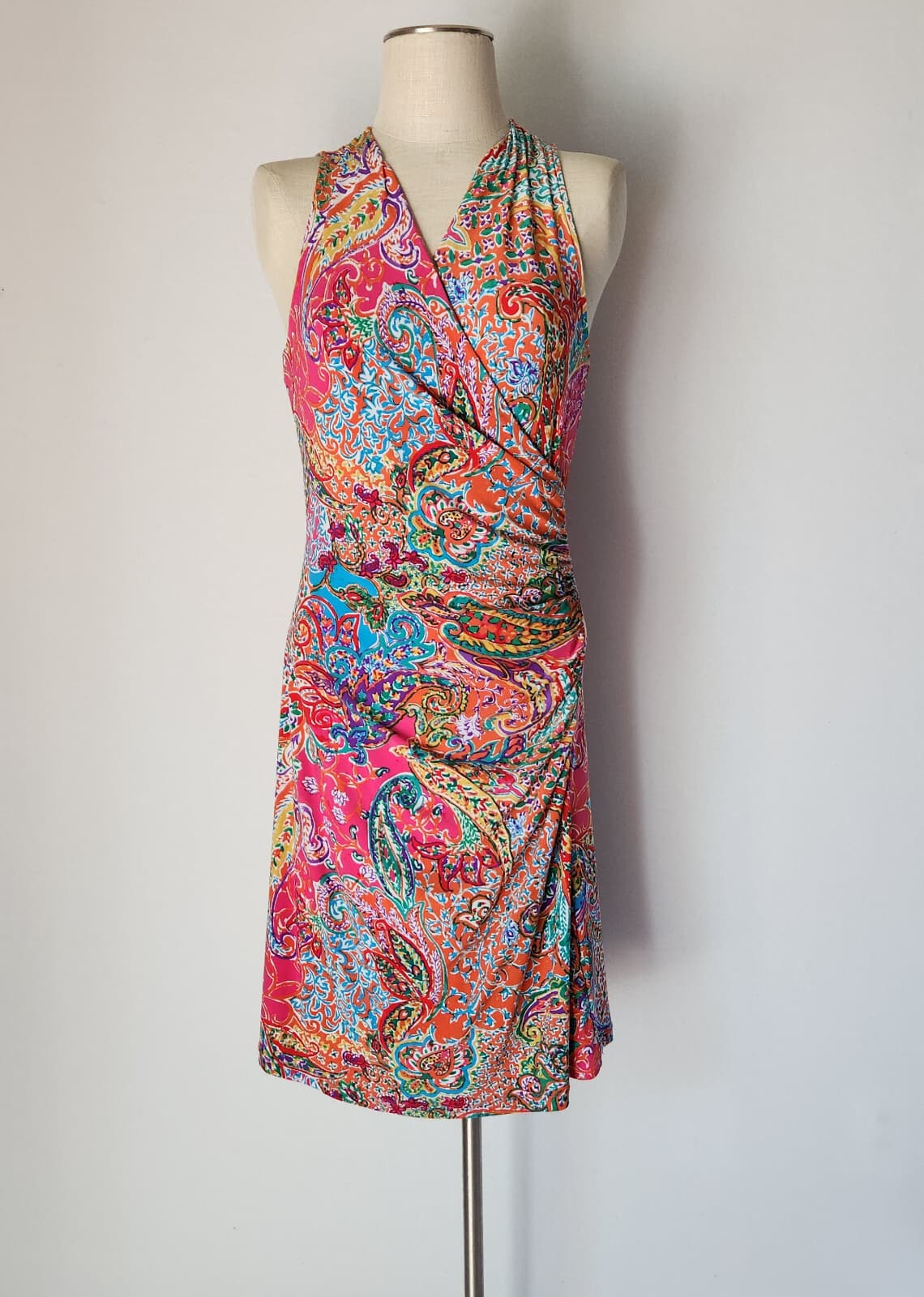 Lauren Ralph Lauren Paisley Ruched Surplice Dress Sleeveless Multicolor Sz.M - Thumbnail 3