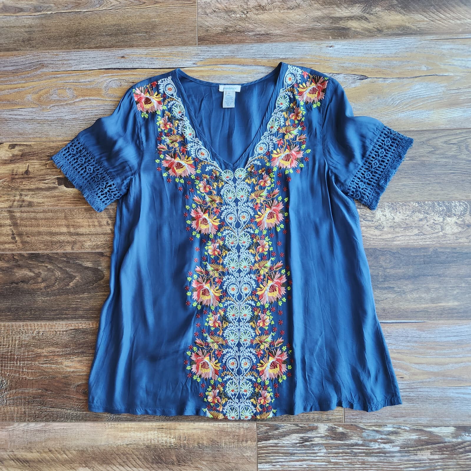 Sundance Rossi Floral Embroidered Top Fringe Hem Short Sleeve Cupro Blue Sz.S - Thumbnail 7