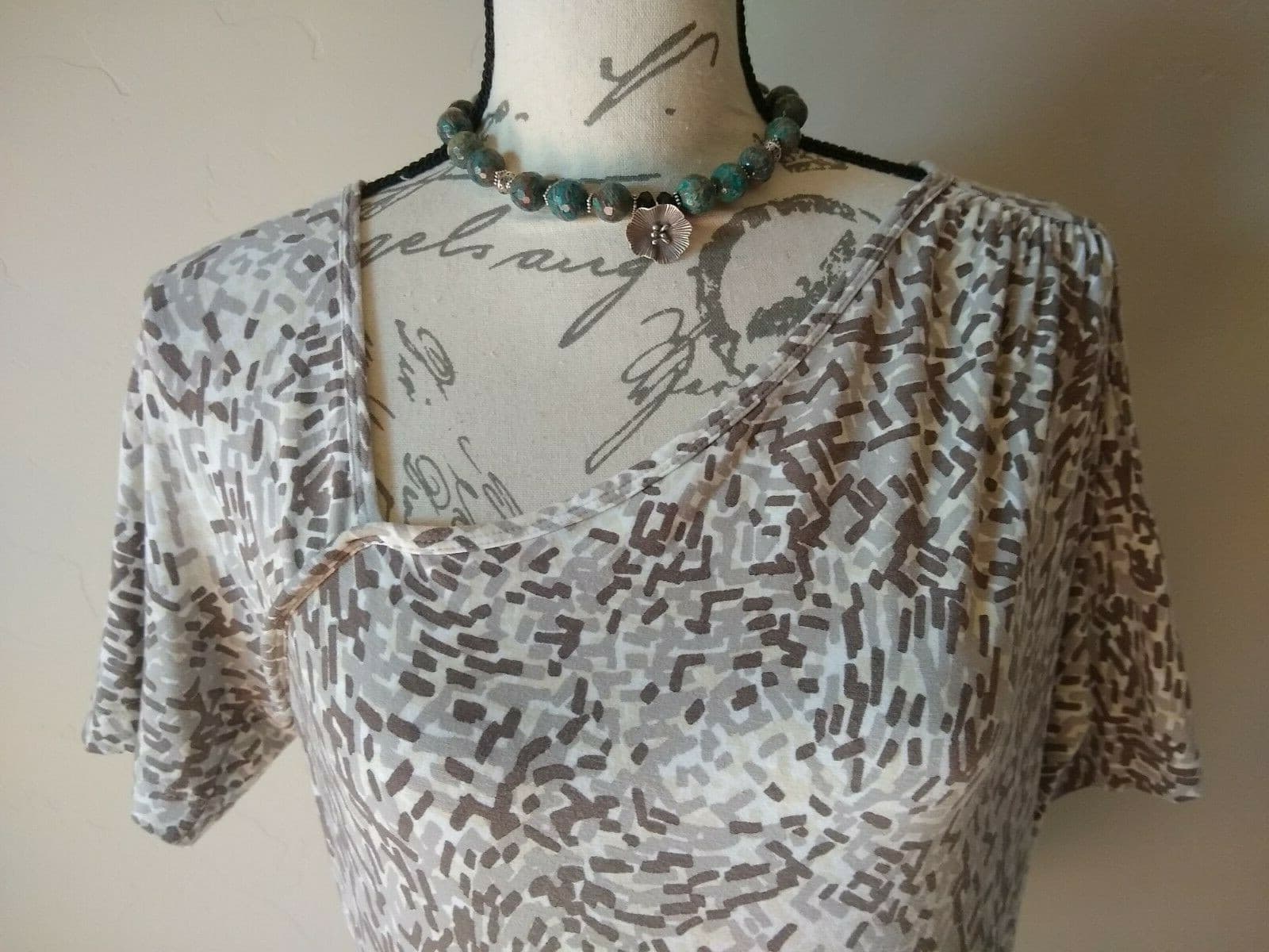 ST.JOHN Yellow Label Knit Top Short Sleeve Geo-print Brown Cream Sz.M - Thumbnail 3