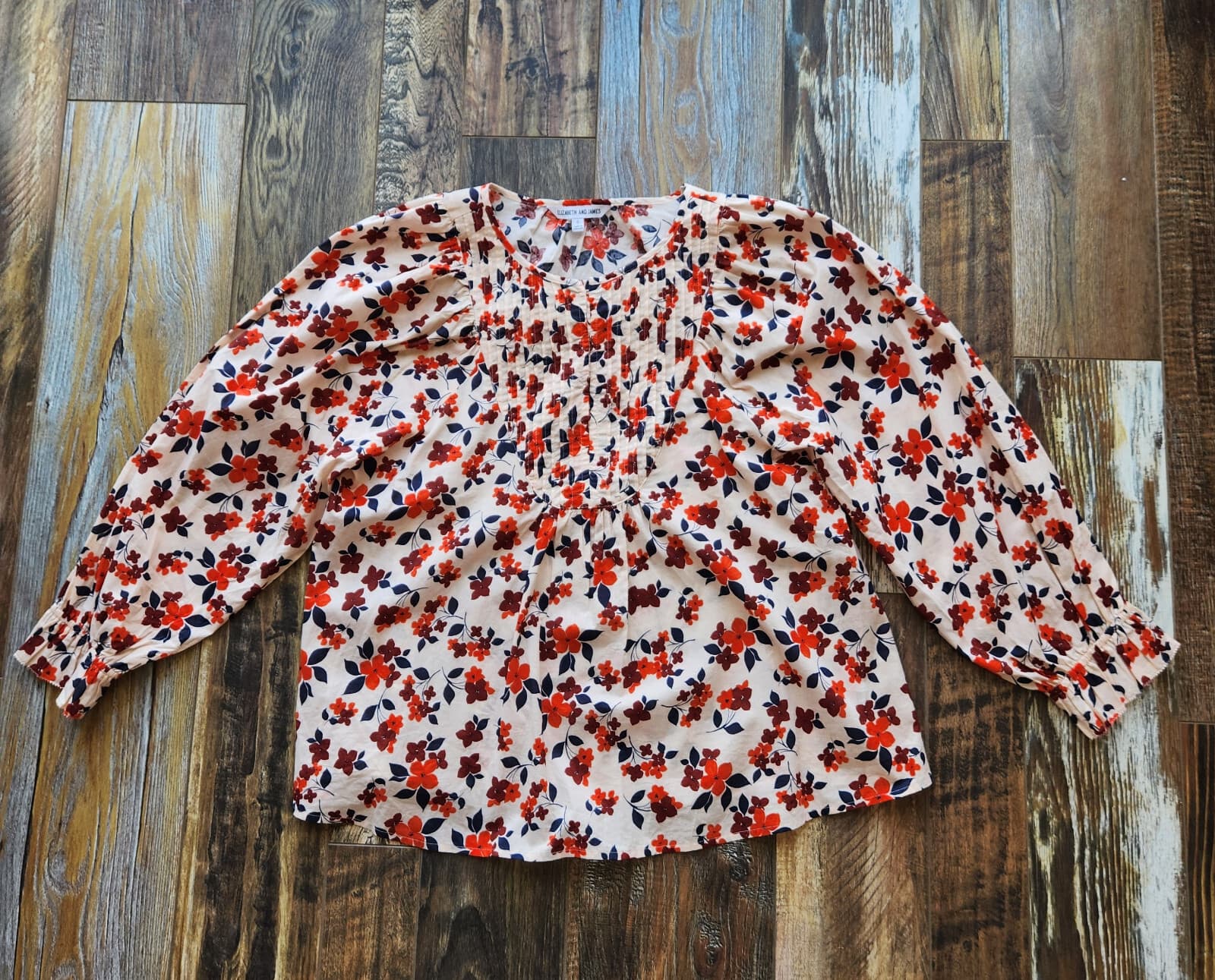 Elizabeth and James Floral Pintuck Popover Blouse Puff-Sleeve Cotton Oversize S - Thumbnail 8