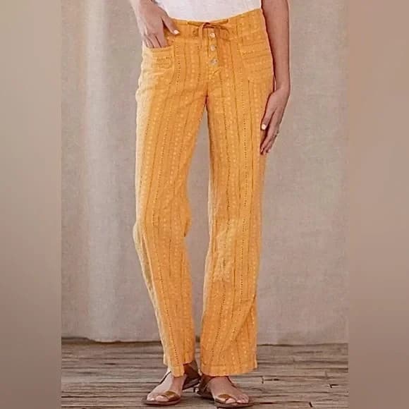 NWT Sundance $98 Gigi Eyelet Straight Pants Button-Fly Pocket Cotton Yellow Sz.M - Thumbnail 3