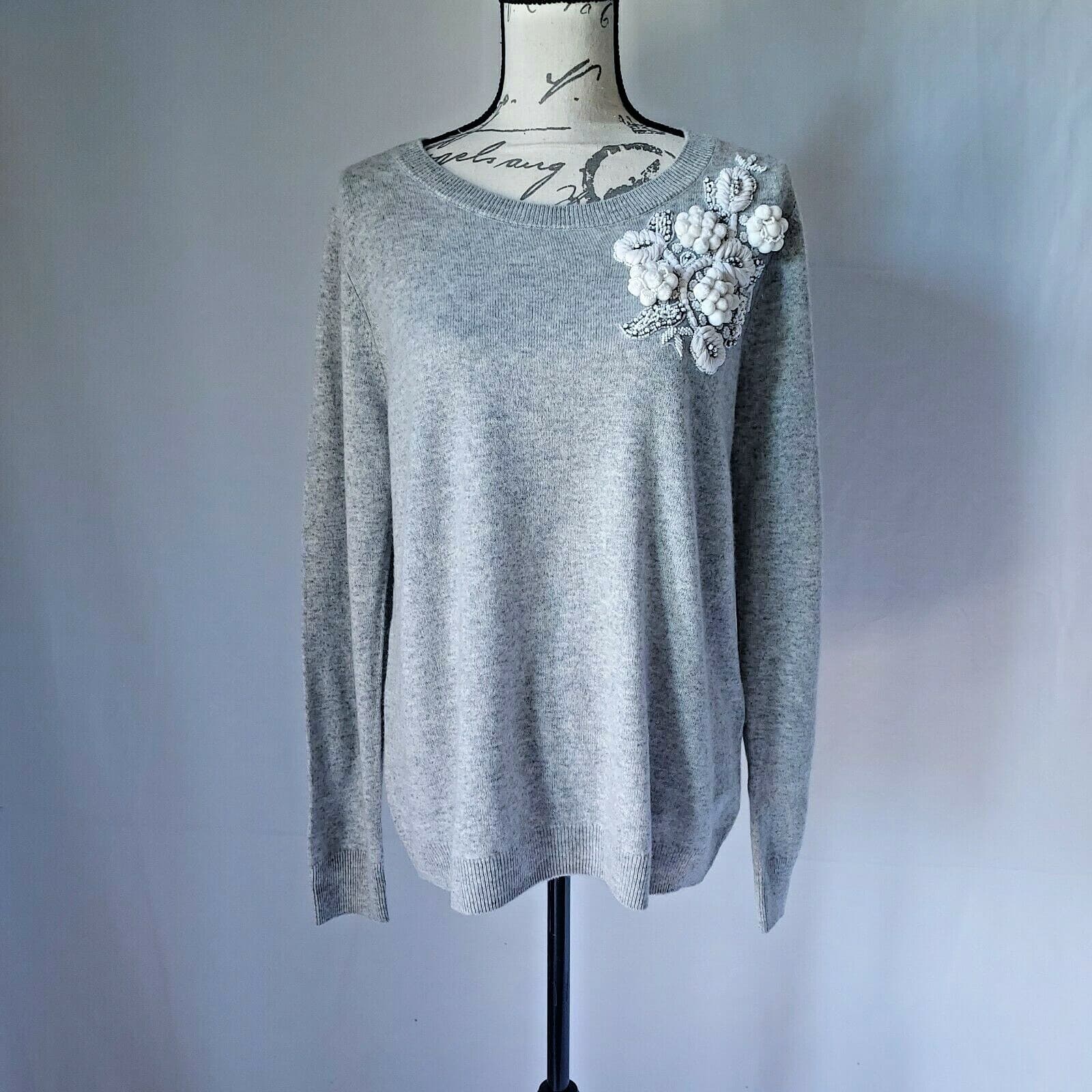 NWoT BADGLEY MISCHKA Bead Embellished Cashmere Sweater Crew Neck Gray Women XL