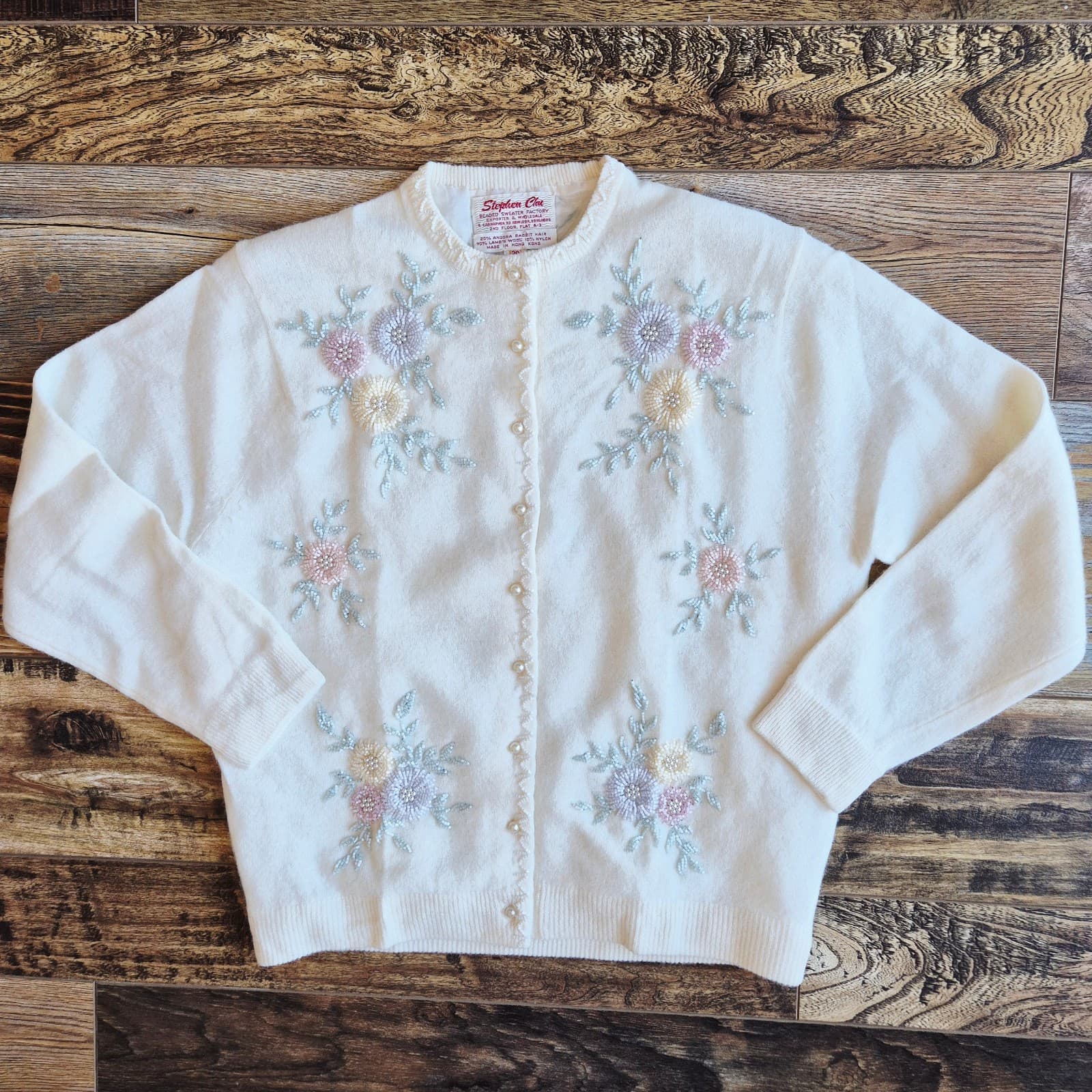 Vintage Stephen Chu Beaded Pearl Rabbit Hair Lamswool Cardigan Lined Iovry Sz.38 - Thumbnail 3