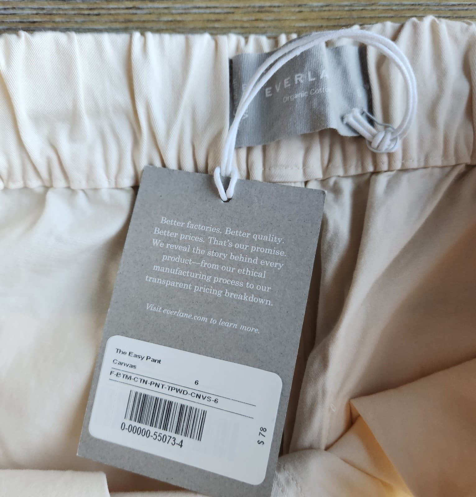 NWT EVERLANE Organic Cotton The Easy Pant Pocket Elastic Waist Canvas Beige Sz.6 - Thumbnail 9