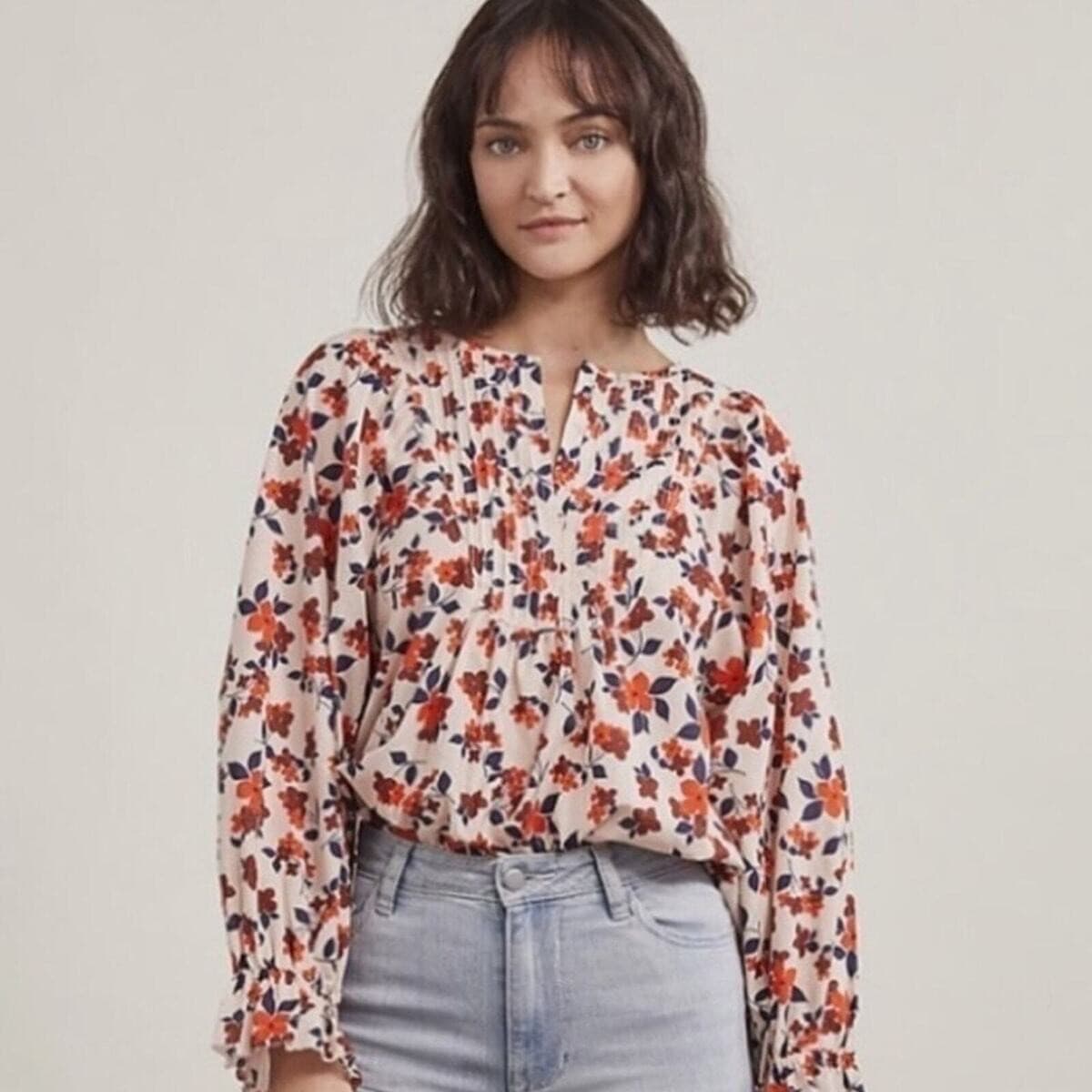 Elizabeth and James Floral Pintuck Popover Blouse Puff-Sleeve Cotton Oversize S - Thumbnail 2