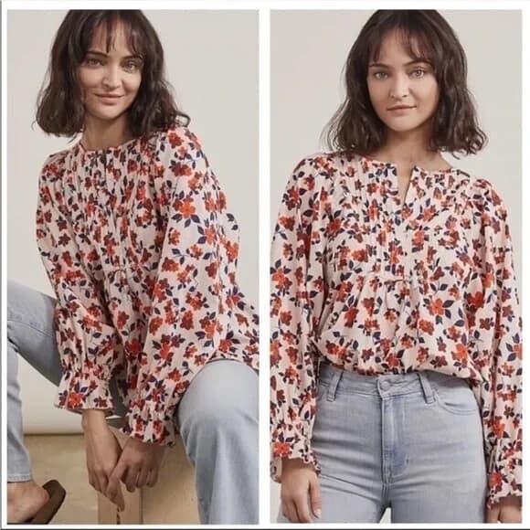 Elizabeth and James Floral Pintuck Popover Blouse Puff-Sleeve Cotton Oversize S - Thumbnail 4