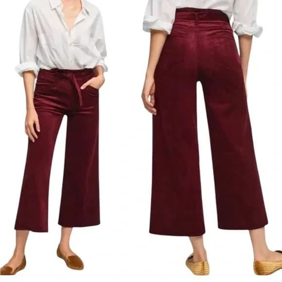 NWoT Paige Corduroy Sutton Paperbag Wide Leg Crop Pants Stretch Burgundy Sz.26 - Thumbnail 4