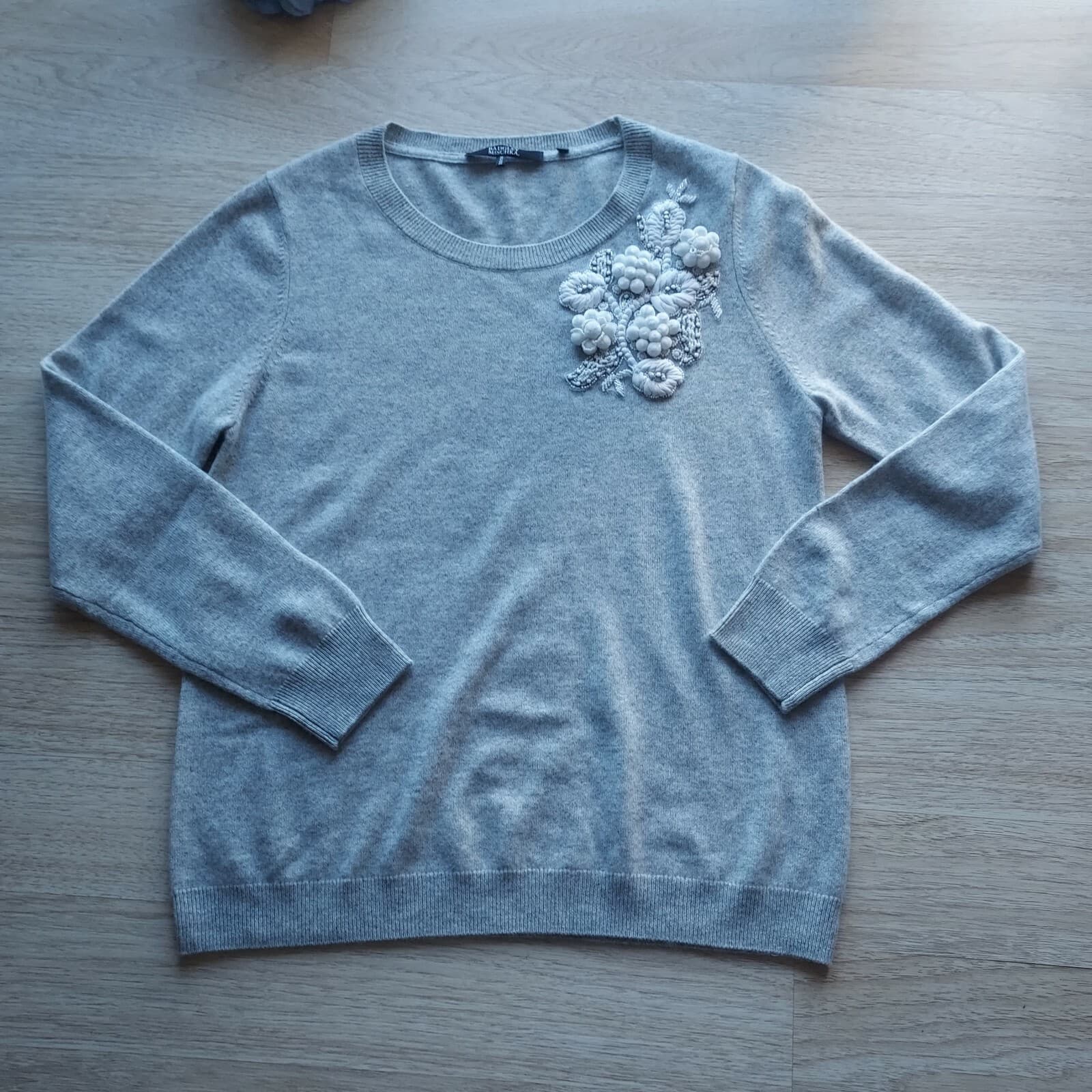 NWoT BADGLEY MISCHKA Bead Embellished Cashmere Sweater Crew Neck Gray Women XL - Thumbnail 7