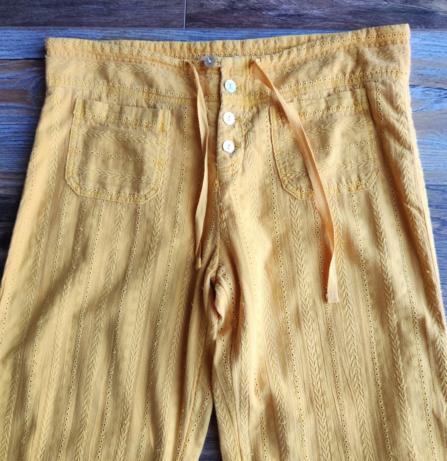NWT Sundance $98 Gigi Eyelet Straight Pants Button-Fly Pocket Cotton Yellow Sz.M - Thumbnail 7