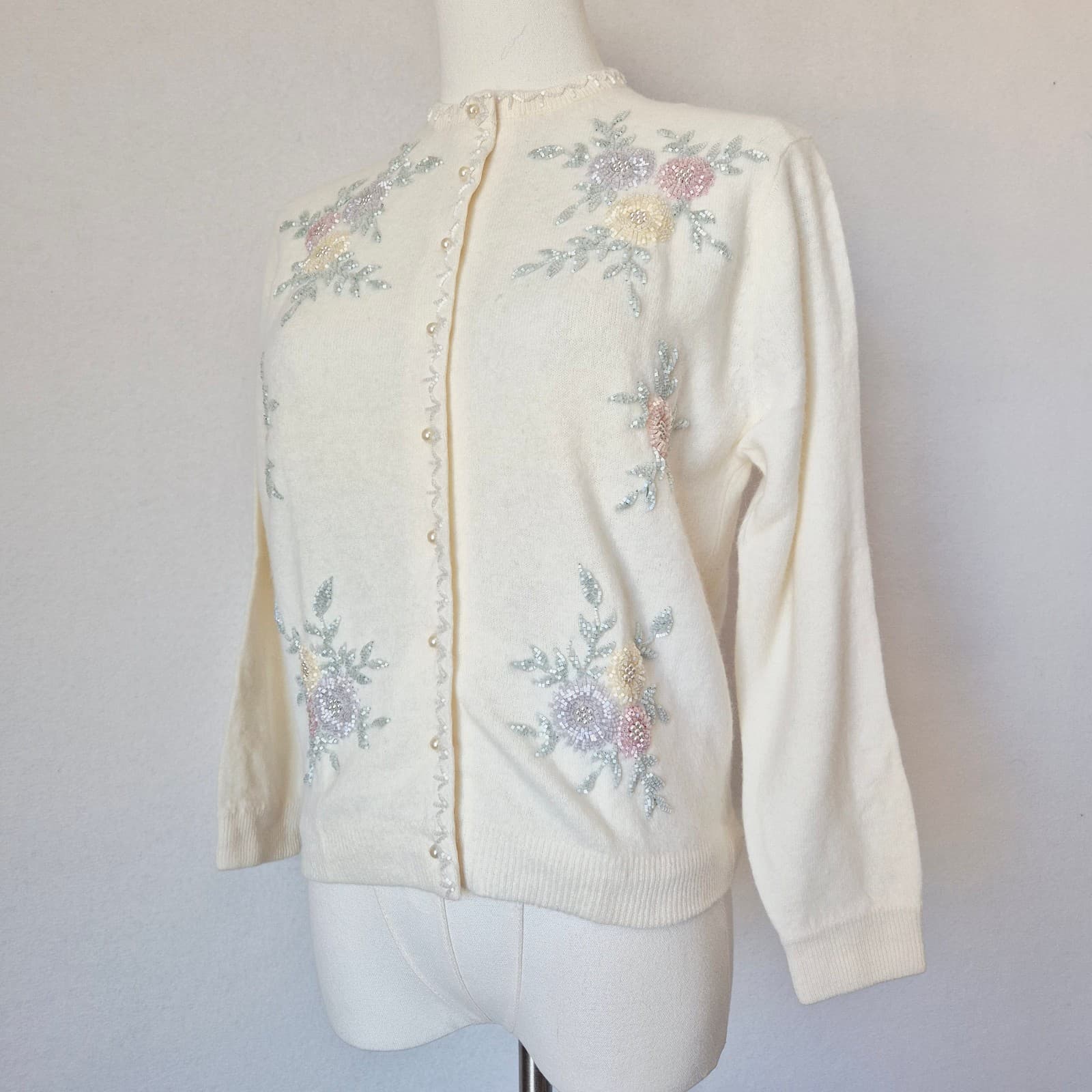 Vintage Stephen Chu Beaded Pearl Rabbit Hair Lamswool Cardigan Lined Iovry Sz.38 - Thumbnail 4