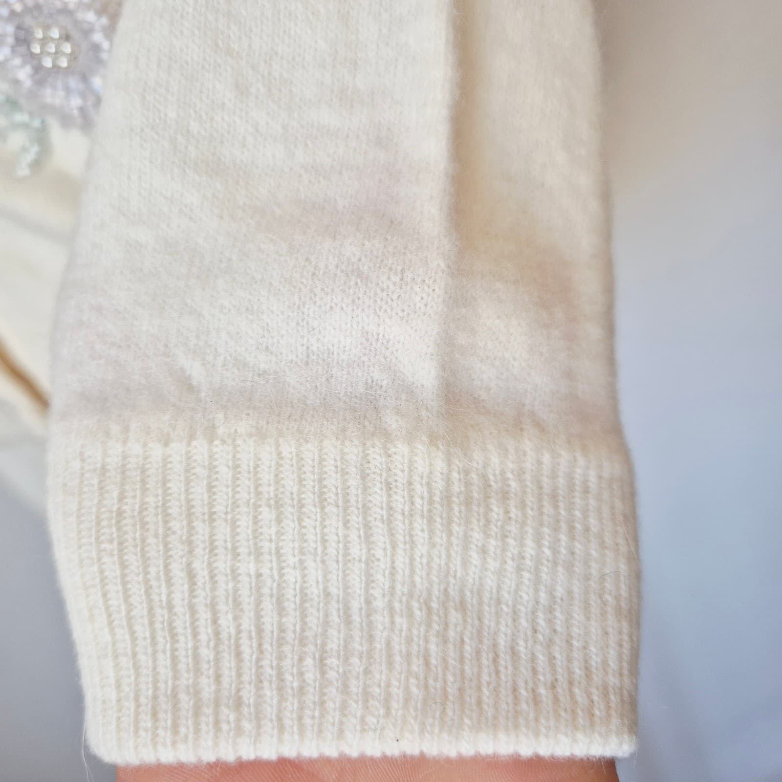 Vintage Stephen Chu Beaded Pearl Rabbit Hair Lamswool Cardigan Lined Iovry Sz.38 - Thumbnail 5