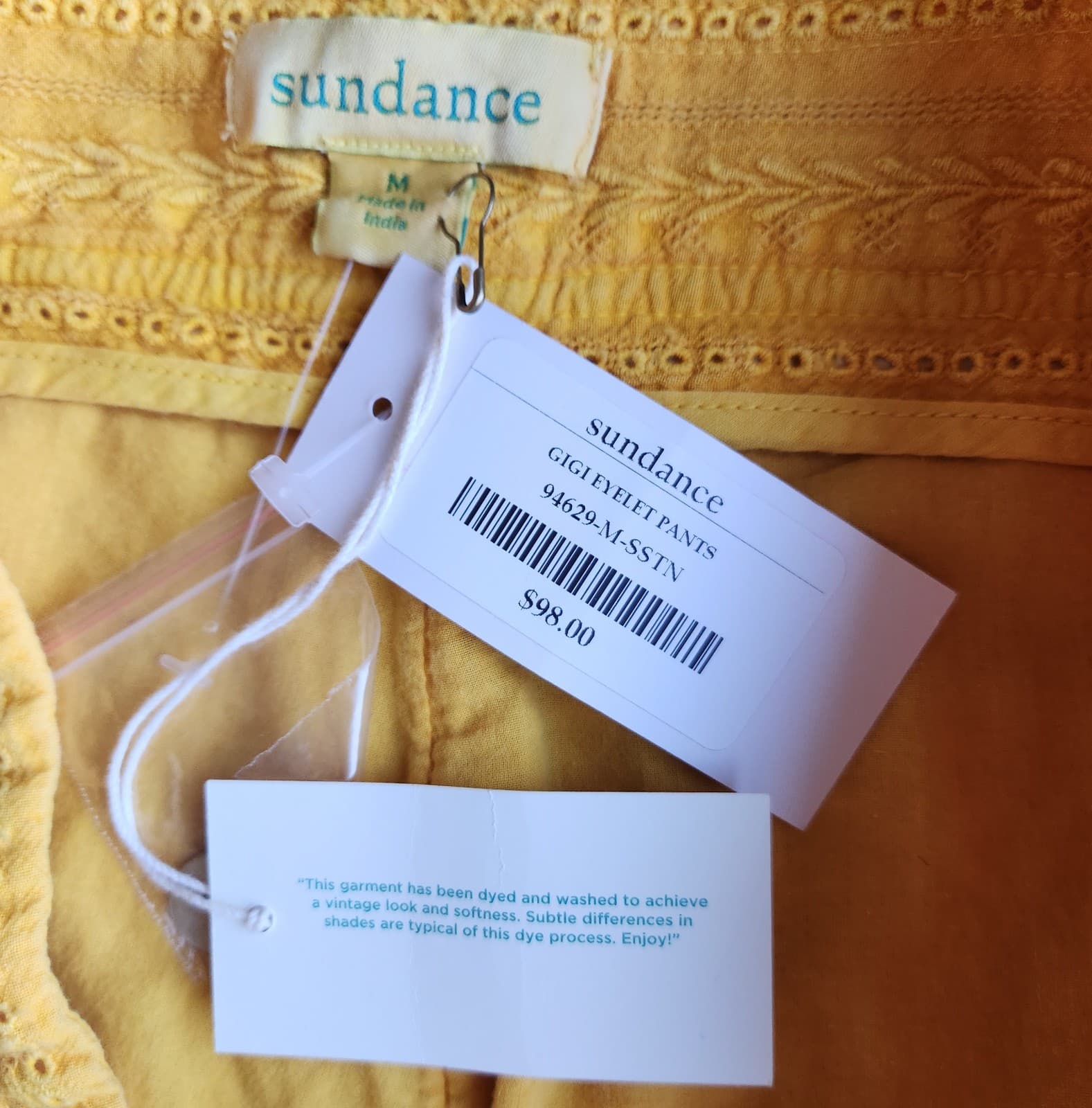 NWT Sundance $98 Gigi Eyelet Straight Pants Button-Fly Pocket Cotton Yellow Sz.M - Thumbnail 8