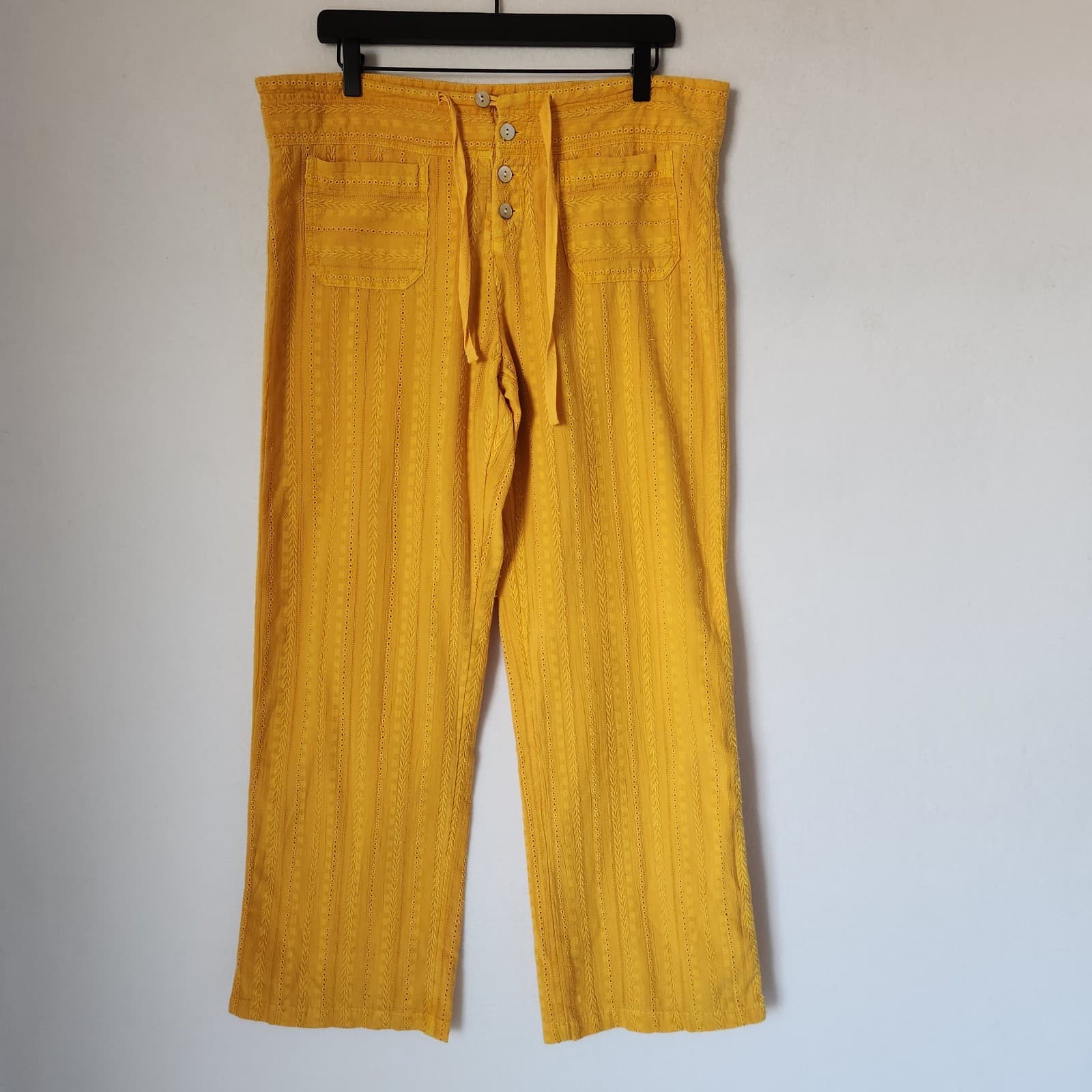 NWT Sundance $98 Gigi Eyelet Straight Pants Button-Fly Pocket Cotton Yellow Sz.M - Thumbnail 2
