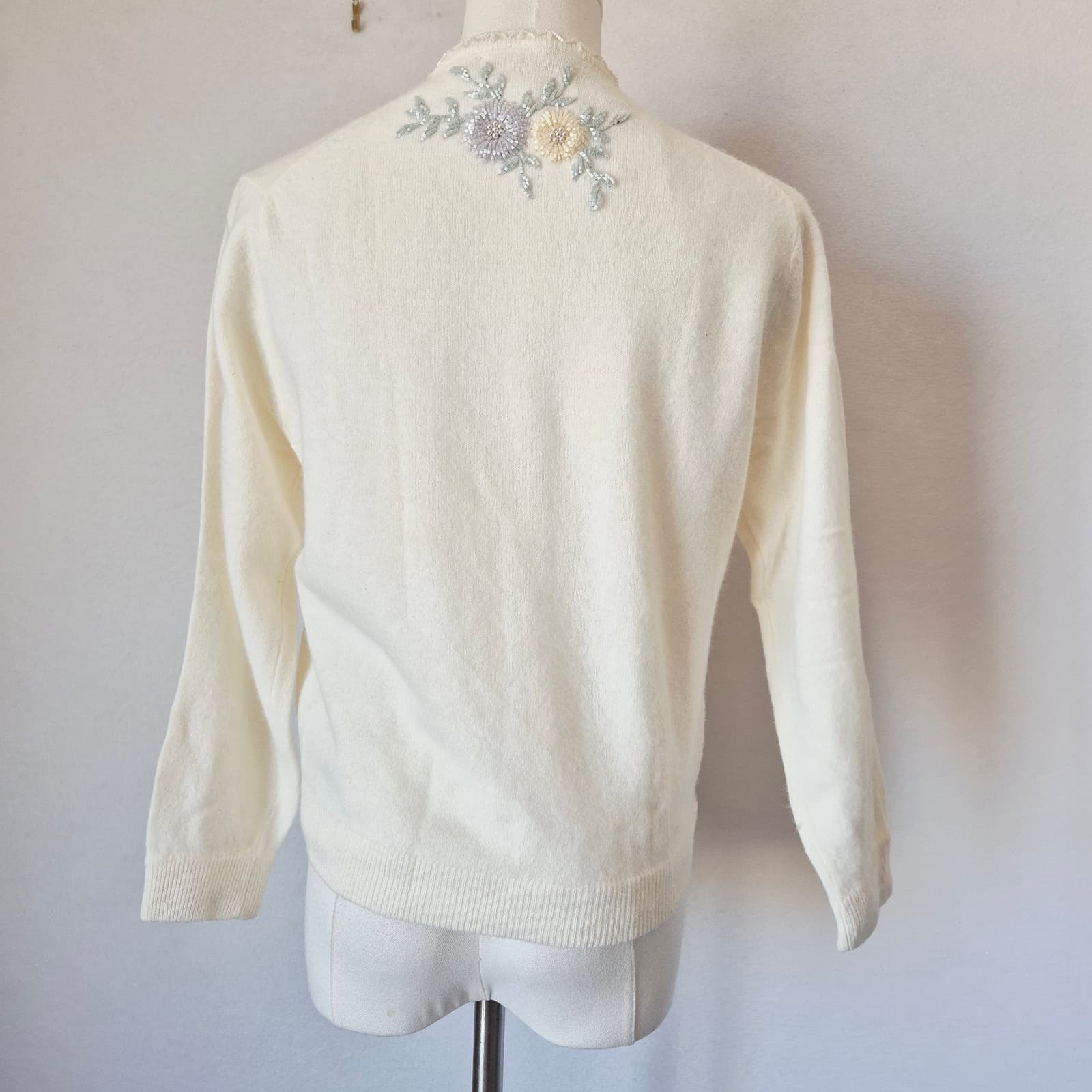 Vintage Stephen Chu Beaded Pearl Rabbit Hair Lamswool Cardigan Lined Iovry Sz.38 - Thumbnail 6