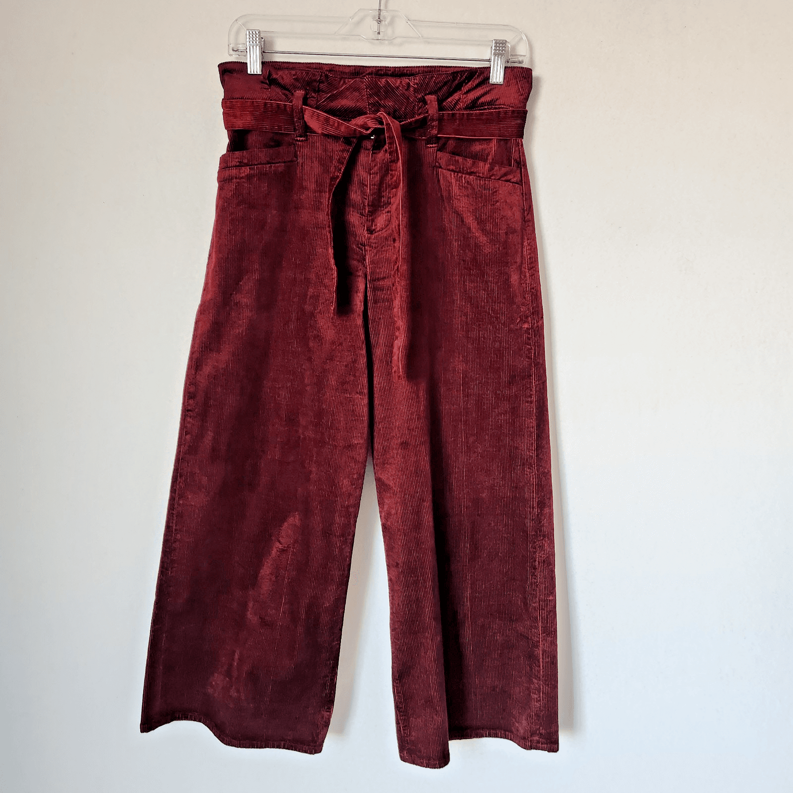 NWoT Paige Corduroy Sutton Paperbag Wide Leg Crop Pants Stretch Burgundy Sz.26 - Thumbnail 3
