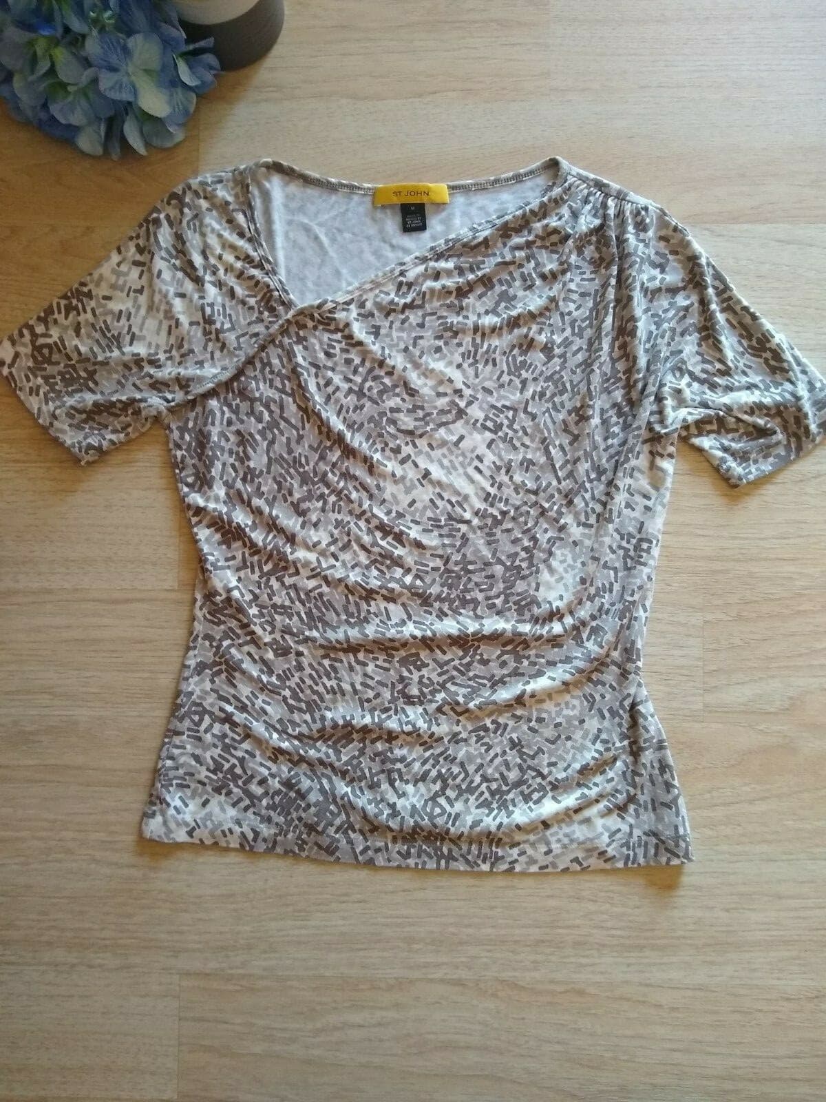 ST.JOHN Yellow Label Knit Top Short Sleeve Geo-print Brown Cream Sz.M - Thumbnail 2