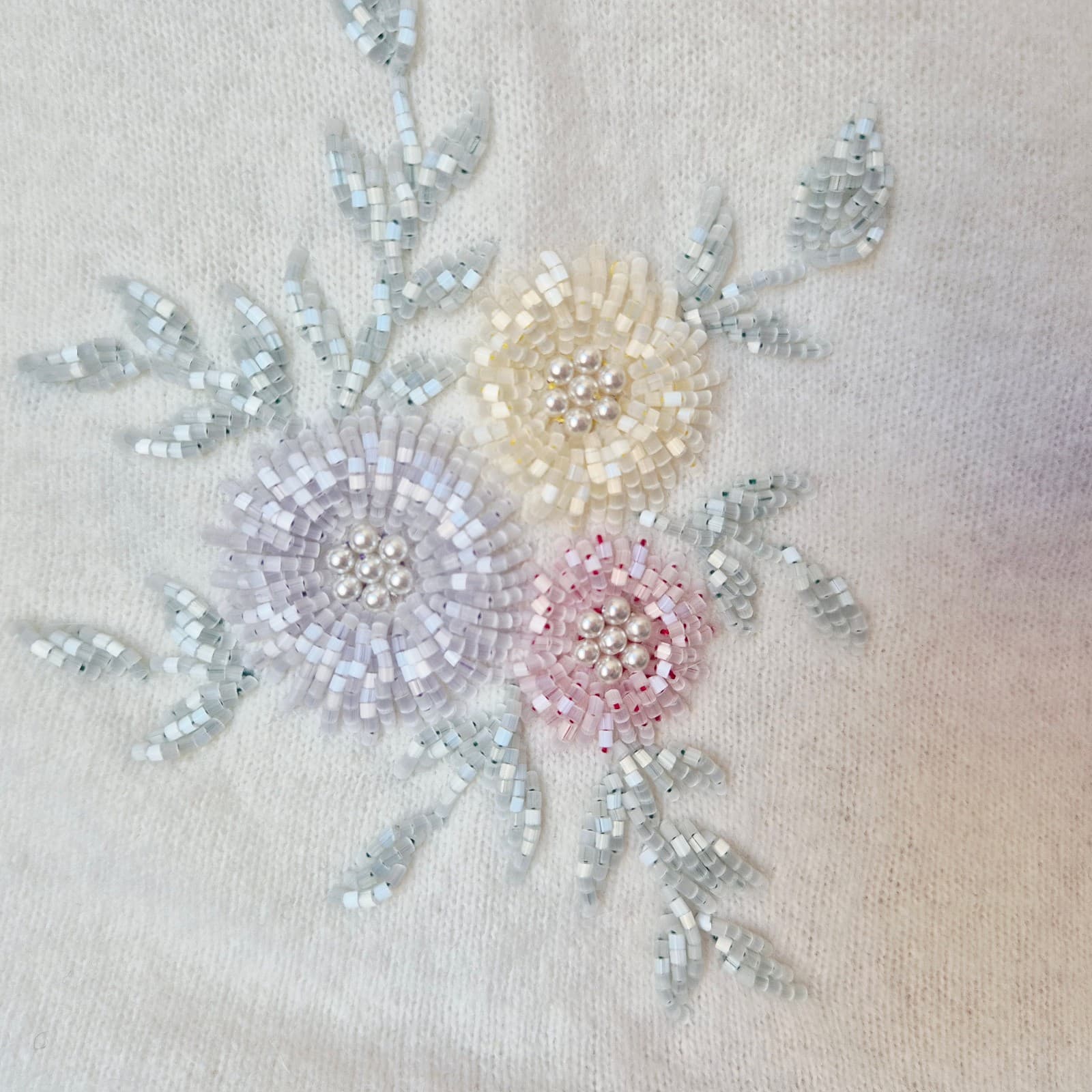 Vintage Stephen Chu Beaded Pearl Rabbit Hair Lamswool Cardigan Lined Iovry Sz.38 - Thumbnail 8