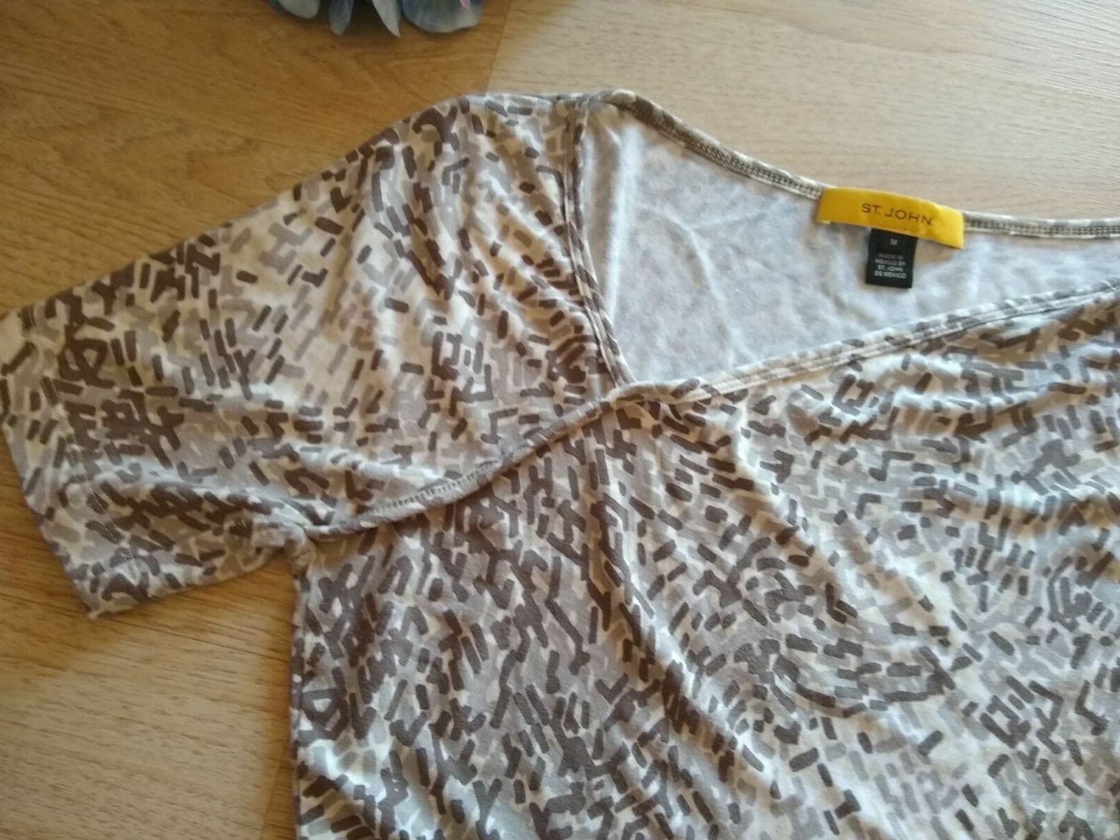 ST.JOHN Yellow Label Knit Top Short Sleeve Geo-print Brown Cream Sz.M - Thumbnail 7