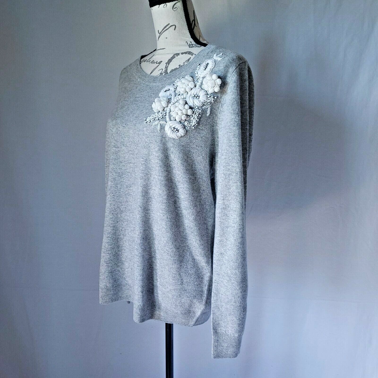 NWoT BADGLEY MISCHKA Bead Embellished Cashmere Sweater Crew Neck Gray Women XL - Thumbnail 3