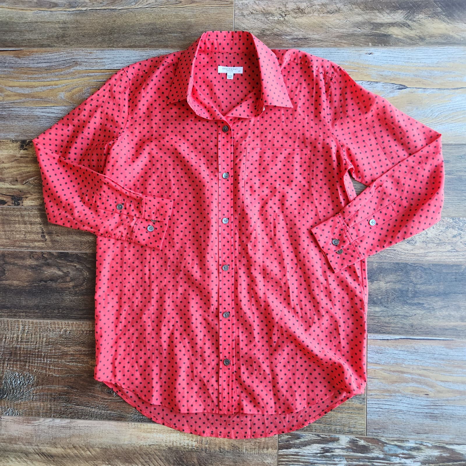 Equipment Daddy Star Silk Sheer Tunic Shirt Button-Up Long Sleeve Red Black Sz.S - Thumbnail 7