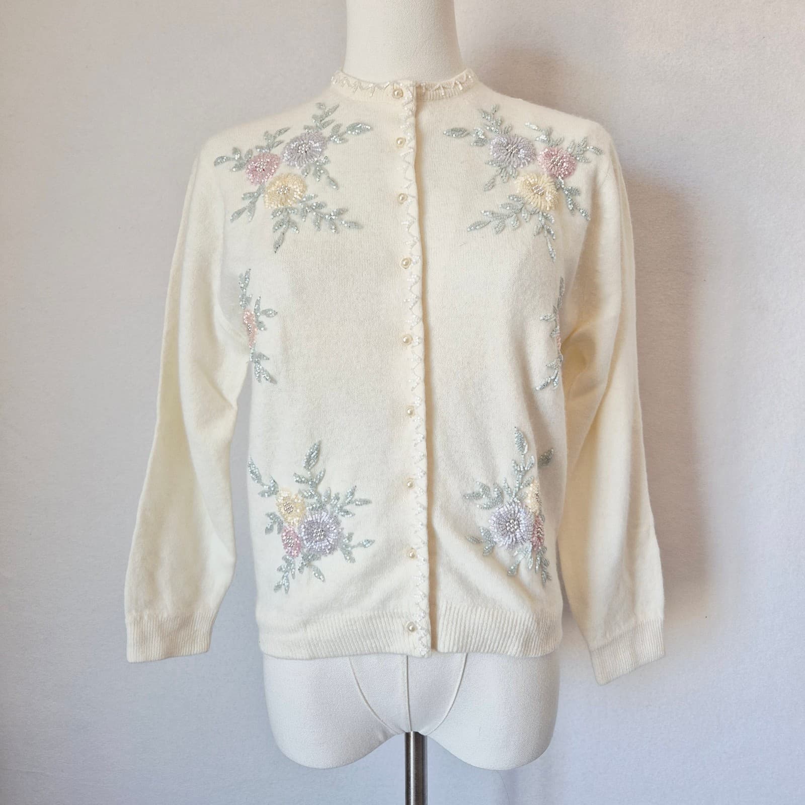 Vintage Stephen Chu Beaded Pearl Rabbit Hair Lamswool Cardigan Lined Iovry Sz.38 - Thumbnail 2